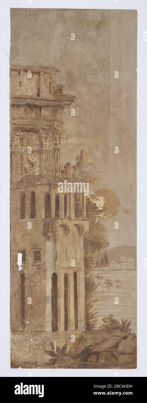 Vues dItalie Baia di Napoli. Ricerca nei toni della seppia ProgressIn. Grandi strutture architettoniche vicino allo stagno o al porto. Case viste sul lato opposto del lago. Alberi intorno. Vues dItalie Baia di Napoli Foto Stock