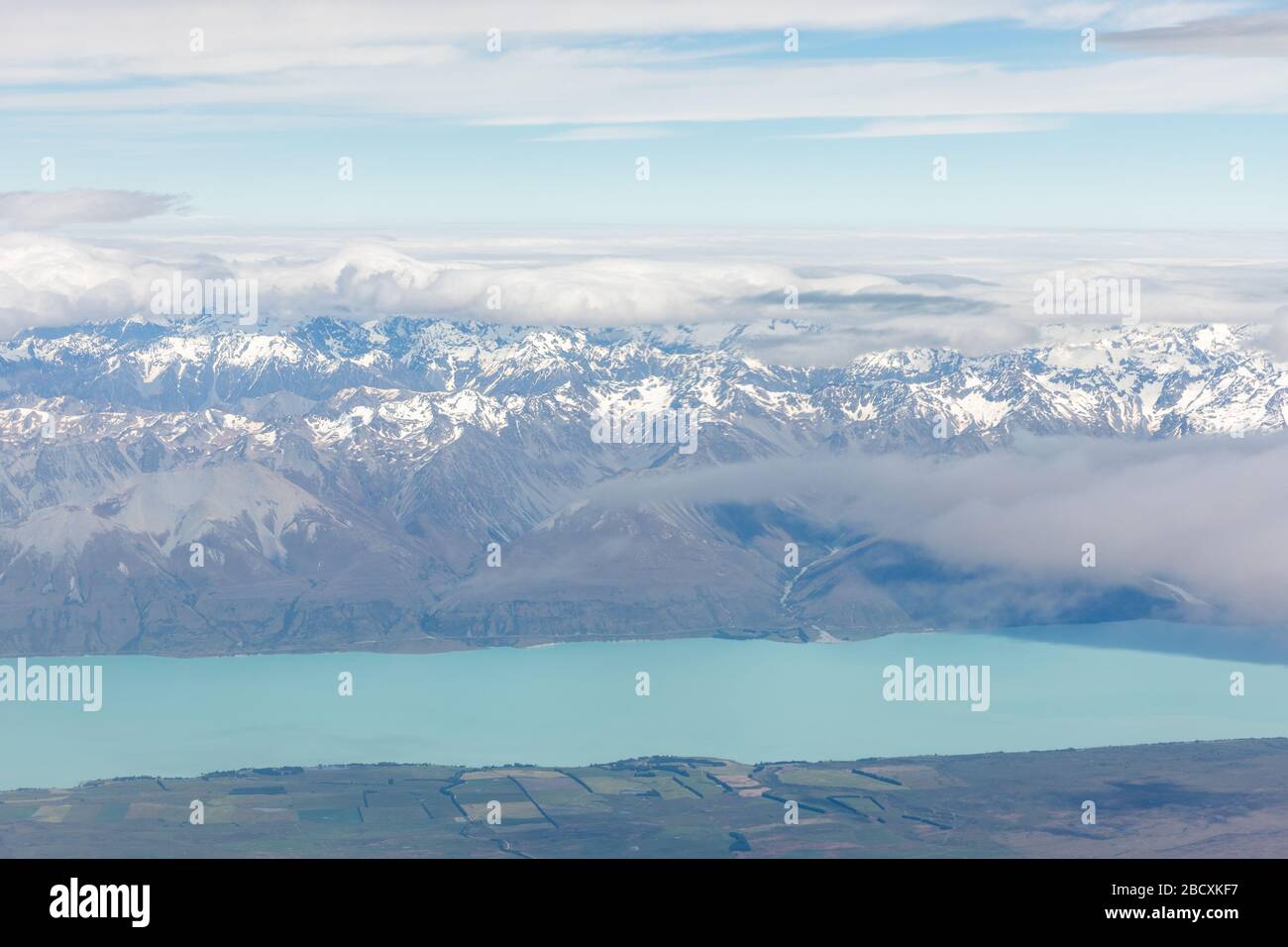 Vista aerea del lago glaciale Tekapo, Nuova Zelanda Foto Stock