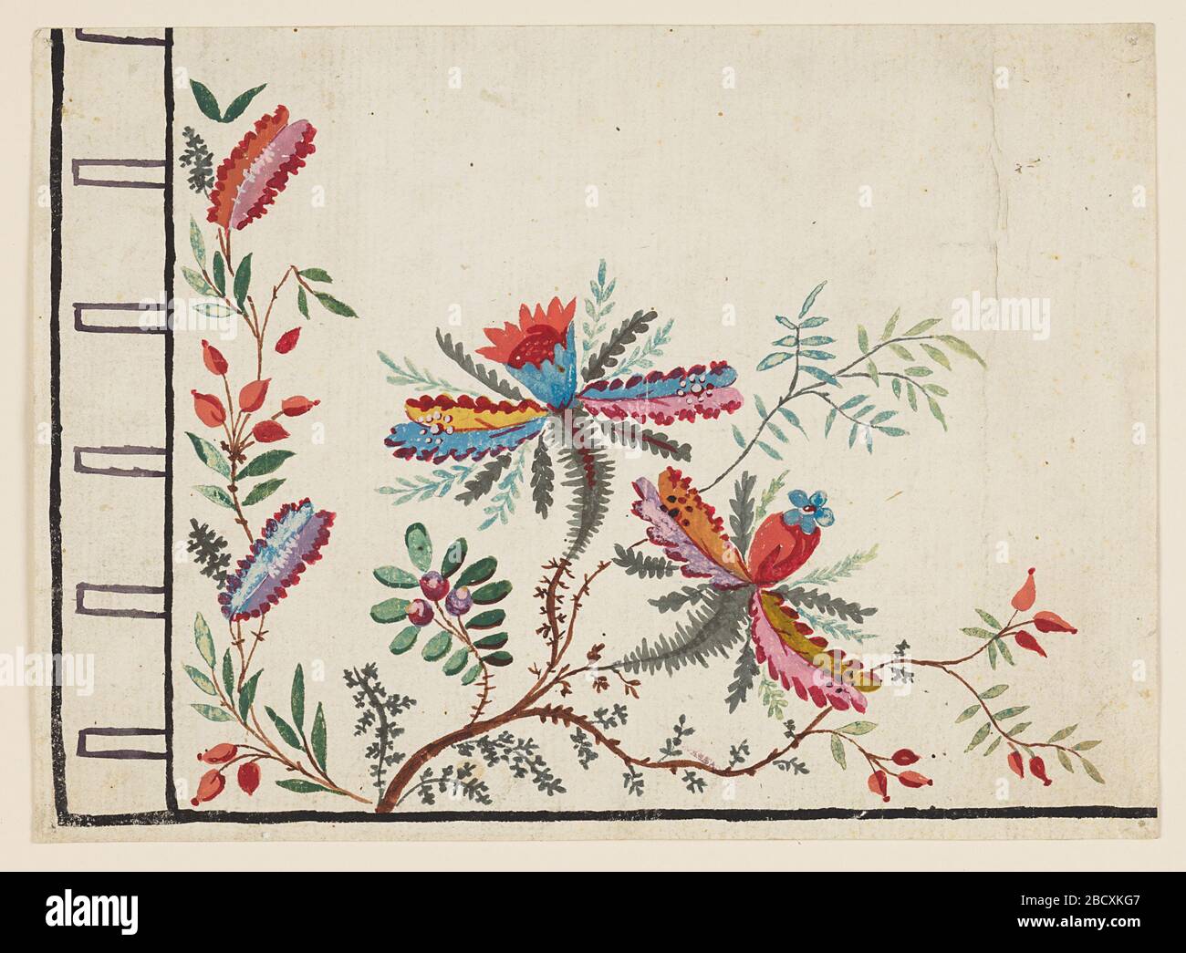 Design per ricamo corpetto d'angolo Gentlemans. Ricerca in ProgressLower sezione sinistra di un gilet o gilet uomo con fiori rossi, blu, gialli, rosa, arancioni e viola. Nella maniera cinese del pilastro Jean-Baptiste. Asole indicate a sinistra. Design per ricamo corpetto d'angolo Gentlemans Foto Stock