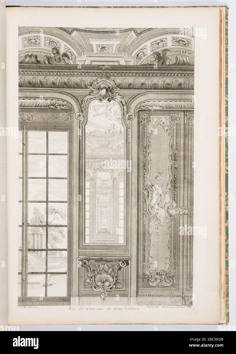 Vue des trumeaux du mme Gabinetto Vue des trumeaux du mme Gabinetto 3 ° piatto. Ricerca in ProgressDetail del gabinetto del Conte Bielinski (1921-6-212-45). Elevazione che mostra uno specchio riflettente del molo con un tavolo da console montato a parete sotto. A sinistra, attraverso la finestra si vede una scena di gradini, alte colonne, un'urna grande e alberi rigogliosi. Vue des trumeaux du mme Gabinetto Vue des trumeaux du mme Gabinetto 3 ° piatto Foto Stock