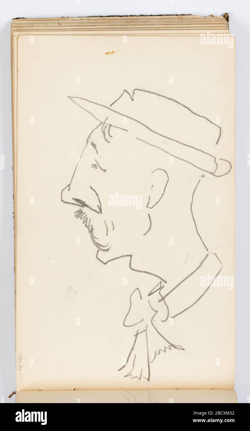 Sketchbook pagina Caricatura in Profilo. Ricerca in ProgressCaricatura di un uomo con un cappello e baffi in profilo, rivolto a sinistra. Sketchbook pagina Caricatura in Profilo Foto Stock