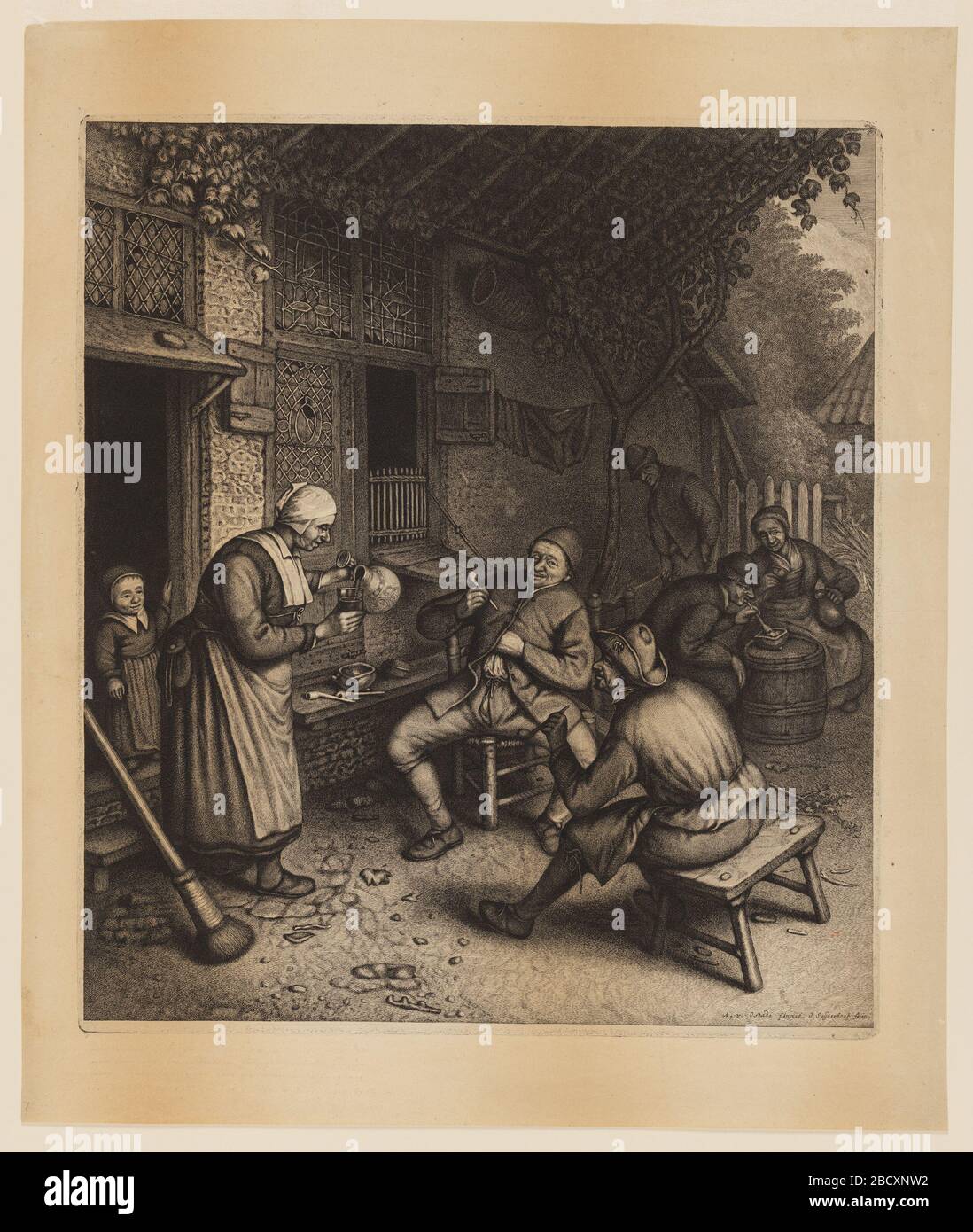 I grandi contadini sotto un VineTrellis. Ricerca in ProgressAn scena all'aperto di fronte ad una taverna a sinistra. Sotto un trellis di vite prima della taverna ci sono due contadini seduti a destra. A sinistra, una donna in piedi che versa il vino in un bicchiere. Dietro di lei si trova un bambino nella porta aperta. I grandi contadini sotto un VineTrellis Foto Stock