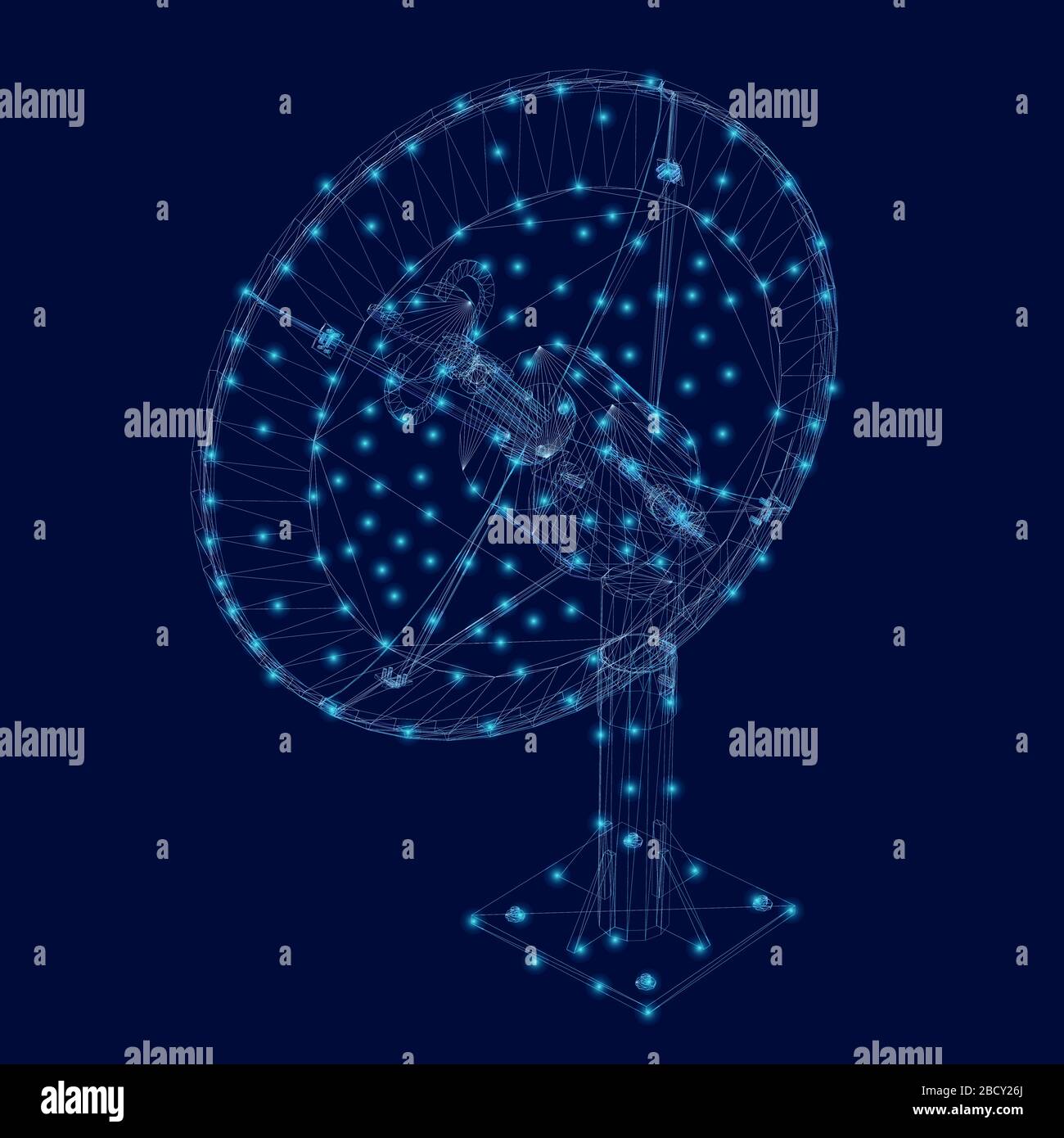 Reticolo del satellite poligonale di linee blu con luci luminose su sfondo scuro. Visualizza isometrica. Illustrazione vettoriale. Illustrazione Vettoriale