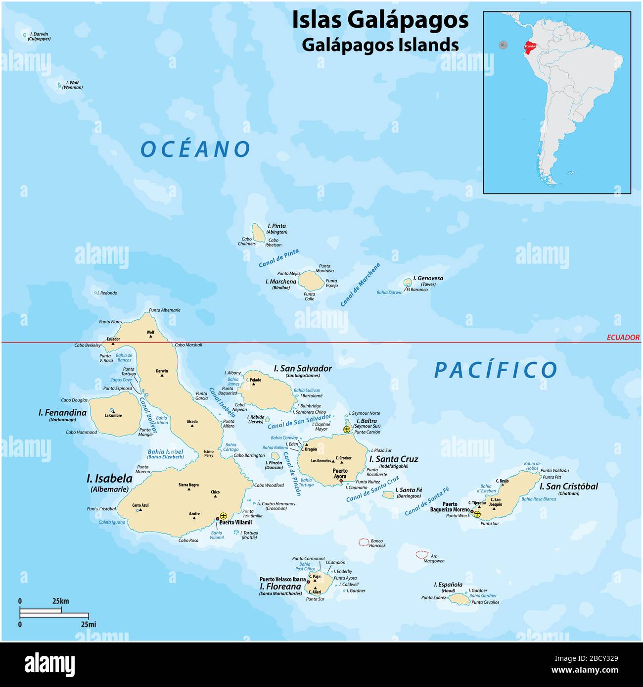 Mappa vettoriale dettagliata delle Isole Galapagos, Ecuador Illustrazione Vettoriale
