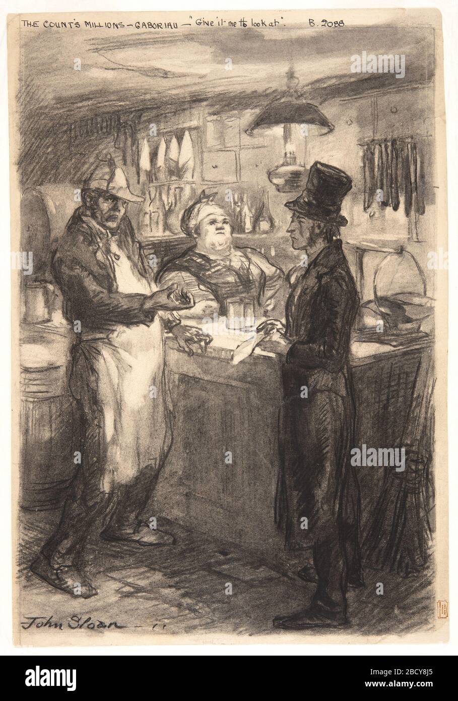 Che cosa è questo disegno di legge mi dia da esaminare. Ricerca in figura maschile Progressa in un cappotto di rana e cappello superiore si trova a destra. Viene interrogato da una figura maschile che indossa un grembiule bianco a sinistra. Una figura femminile che indossa un fazzoletto si trova dietro un bancone. L'ambiente è un piccolo negozio di articoli secchi o alimentari. Che cosa è questo disegno di legge mi dia da esaminare Foto Stock