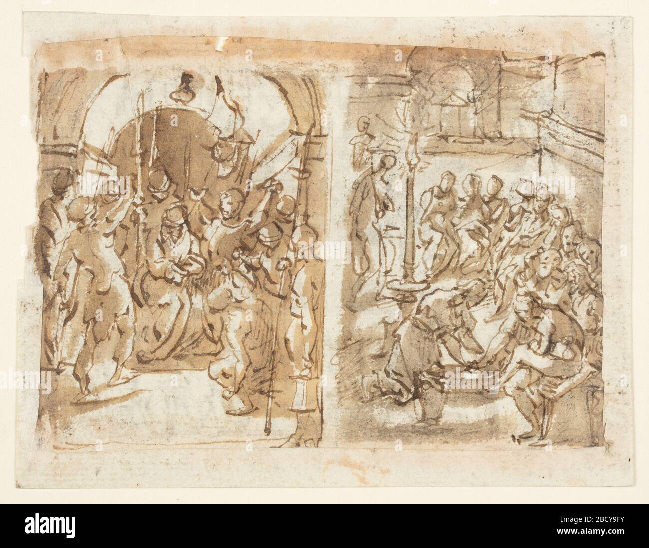 Recto lasciato il Mocking di Cristo recto a destra Cristo lavando i piedi degli Apostoli verso esecuzione di Maria Stuart Regina di Scots nel 1587. Ricerca in ProgressVerso: La Regina si trova sulla schiena, il collo poggiato su un blocco di esecuzione. Un uomo la lega. Il carnefice solleva un'ascia. Due uomini si alzano sullo scaffold, altri si inginocchiano a sinistra, accanto ad esso. Due donne si inginocchiano accanto alla Regina, formando un oblungo. Recto lasciato il Mocking di Cristo recto a destra Cristo lavando i piedi degli Apostoli verso esecuzione di Maria Stuart Regina di Scots nel 1587 Foto Stock
