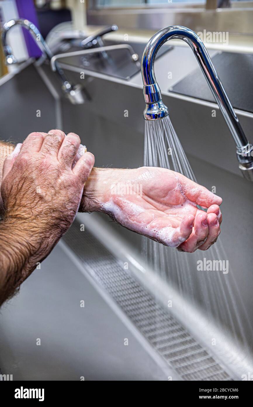Il medico pulisce e sfrega le mani con sapone e acqua sopra un lavandino. Foto Stock