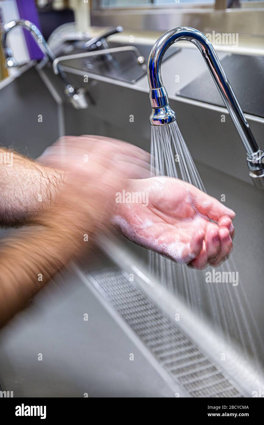 Il medico pulisce e sfrega le mani con sapone e acqua sopra un lavandino. Foto Stock