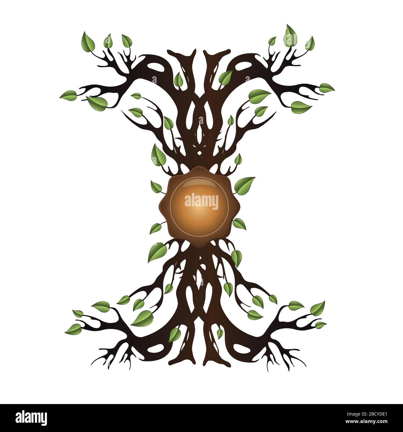 Albero con sigillo, radici e foglie, vettore di forza vitale biologica Illustrazione Vettoriale