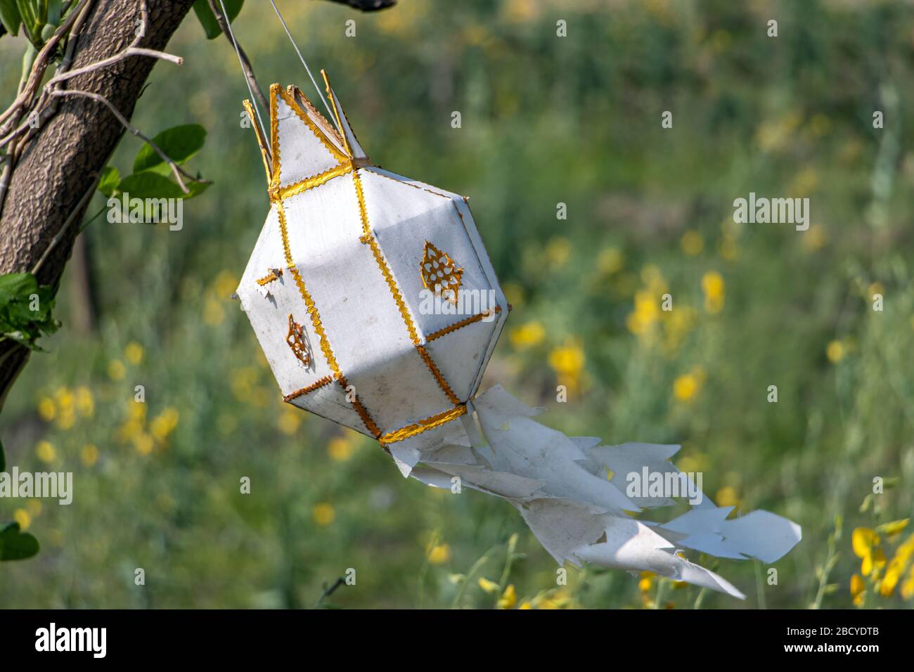 Una lanterna orientale bianca appesa su un albero contro un prato verde con fiore giallo. Lampada da decorazione che ondeggiava nel vento in giardino. Foto Stock