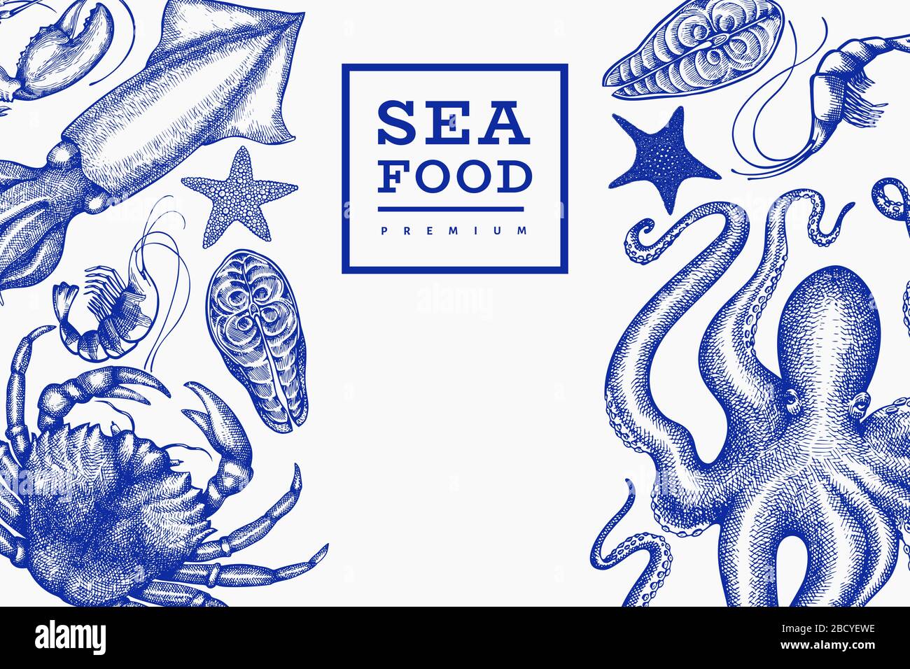 Modello di disegno di frutti di mare. Illustrazione di pesce vettoriale disegnato a mano. Banner alimentare in stile inciso. Vintage animali di mare sfondo Illustrazione Vettoriale