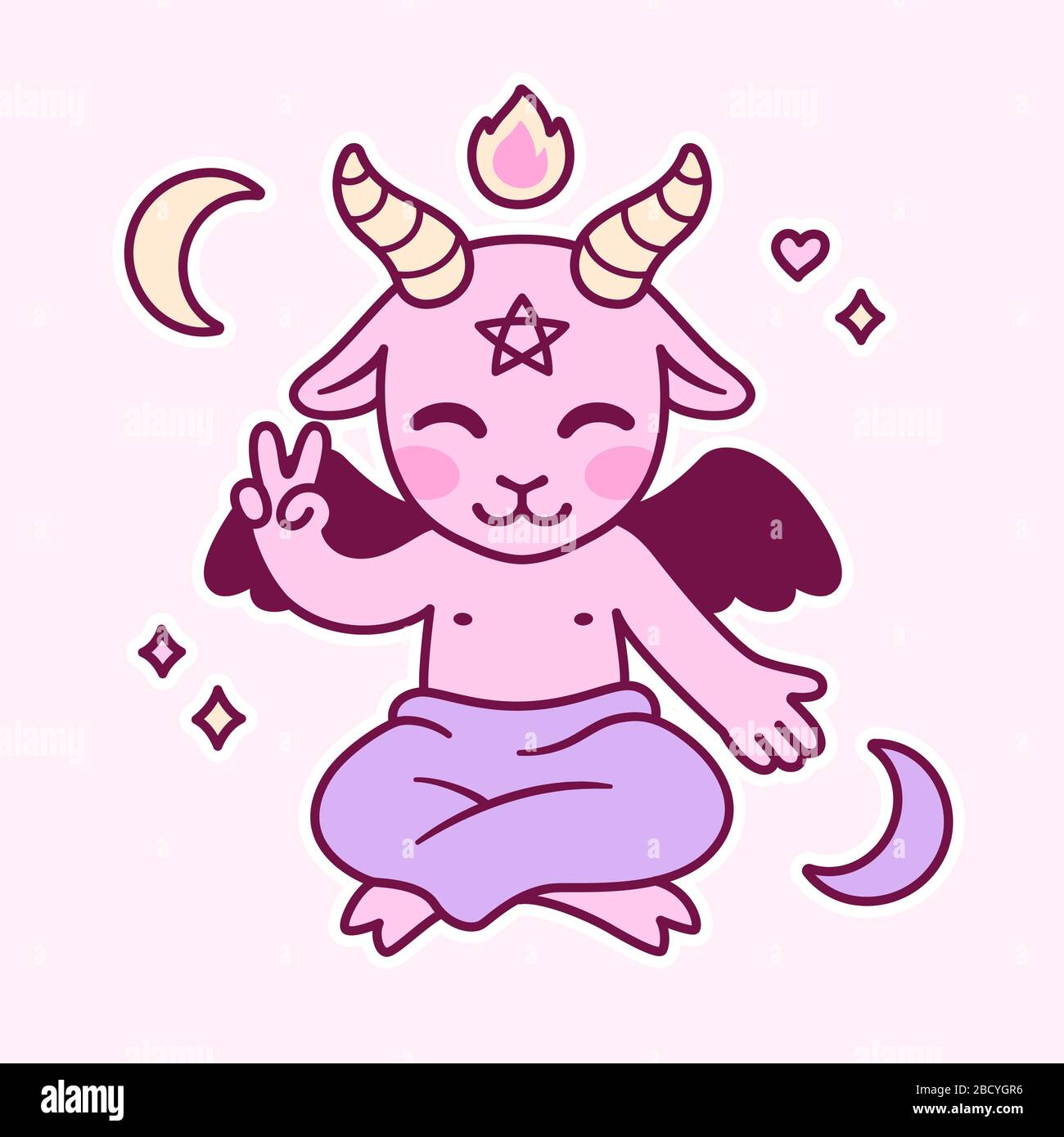 Carino cartoon Satana disegno, kawaii diavolo rosa con pentagramma, fuoco e mezzaluna lune. Piccolo Baphomet, simbolo satanico illustrazione vettoriale. Illustrazione Vettoriale