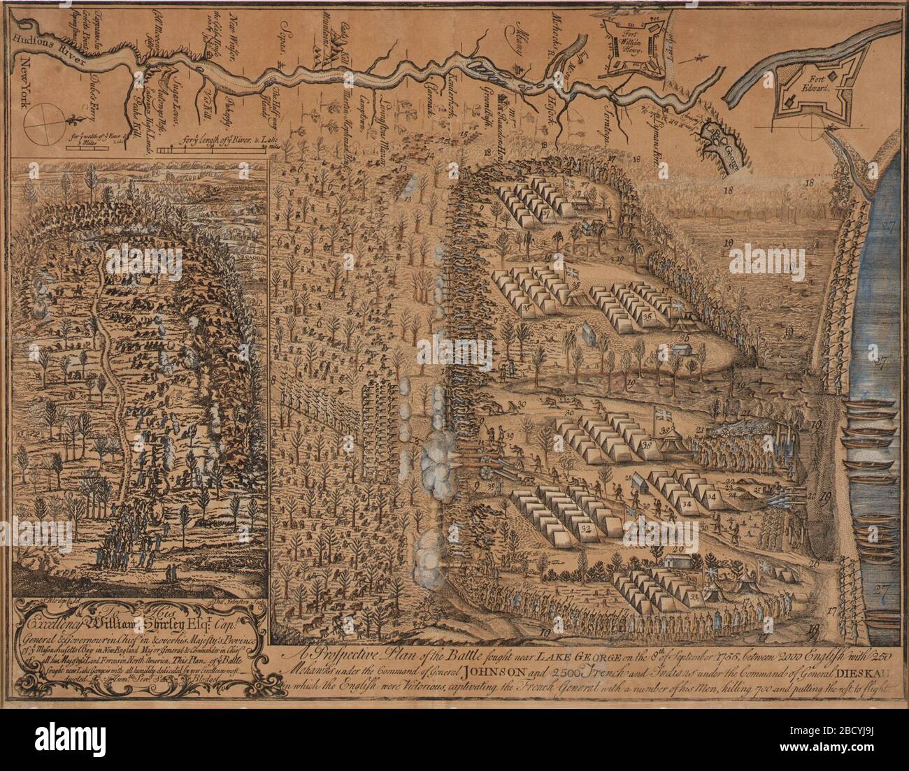 Un piano prospettico della battaglia combattuto nei pressi del lago George l'8 settembre 1755. Foto Stock