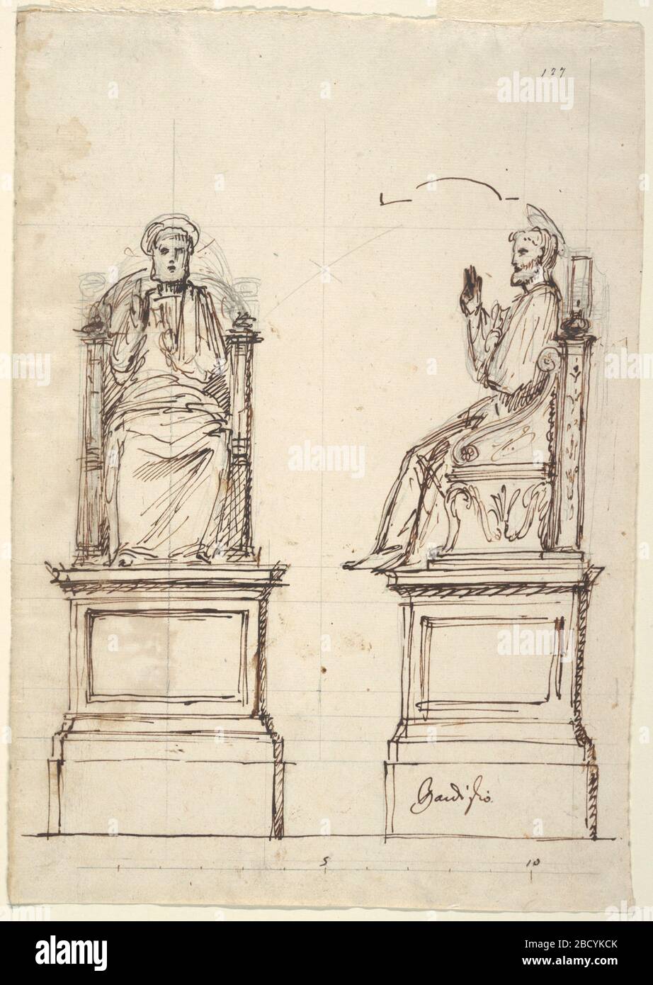 Disegno di un Trono di marmo per la Statua di San Pietro di Roma. Ricerca in progressiDesign per un trono di marmo per la Statua di San Pietro nella Basilica di San Pietro a Roma, Italia; vista integrale e di profilo mostrata; trono su un piedistallo, la figura di San Pietro seduto con braccio destro sollevato, alone. Scala indicata in basso. Disegno di un Trono di marmo per la Statua di San Pietro di Roma Foto Stock