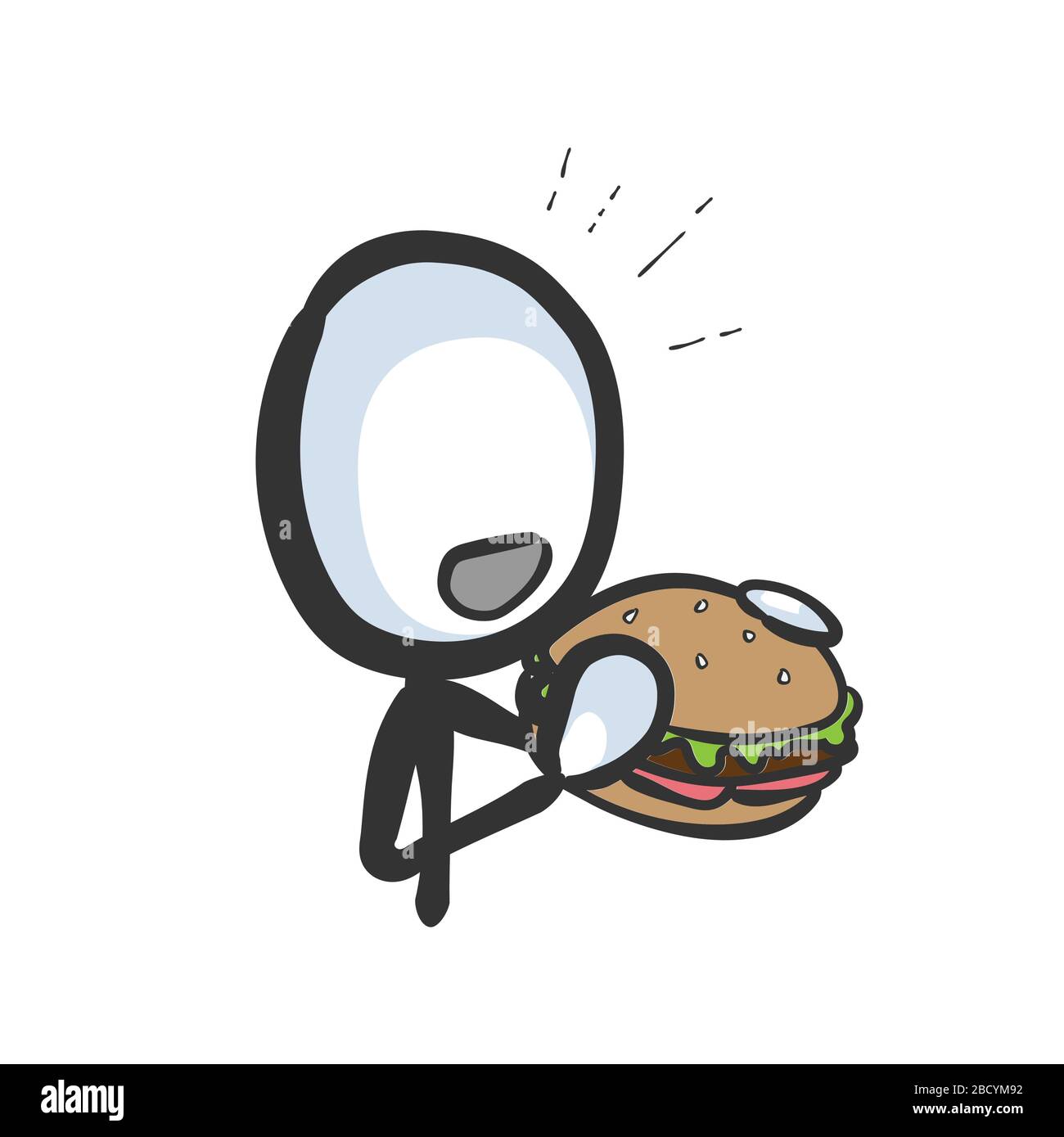 Mangiare hamburger. Fast food malsano. Molto affamato. Disegnato a mano. Cartoon Stickman. Schizzo di Doodle, illustrazione grafica vettoriale Illustrazione Vettoriale