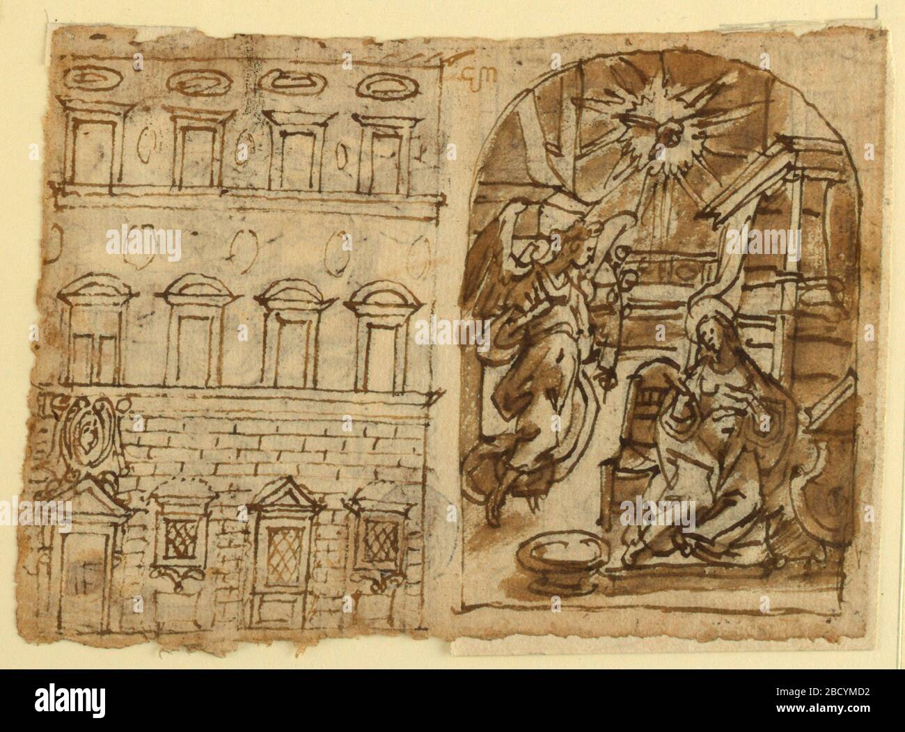 Pagina di un libro di sketchbook Elevation of Palace Annunciation ultima cena. Ricerca nel rettangolo ProgressVertical. Verso, a sinistra: Una casa di tre piani e una soffitta mostra lavori rustici, la porta e tre finestre, la cui parte centrale è più grande degli altri. I piani superiori hanno quattro finestre ciascuno. A destra: Il contorno è un segmento. Pagina di un libro di sketchbook Elevation of Palace Annunciation ultima cena Foto Stock