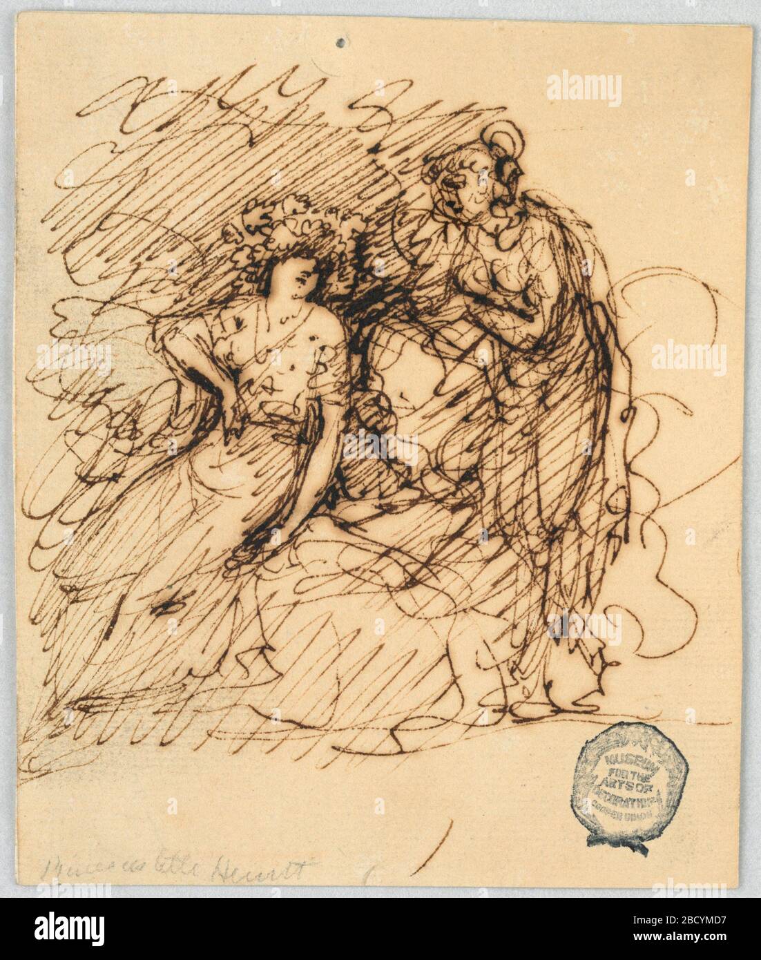 Schizzo figurale con una ragazza seduta che parla con una ragazza in piedi. Ricerca in Progressa seduta ragazza, indossando una corona di fiori, conversa con una ragazza in piedi. Schizzo figurale con una ragazza seduta che parla con una ragazza in piedi Foto Stock