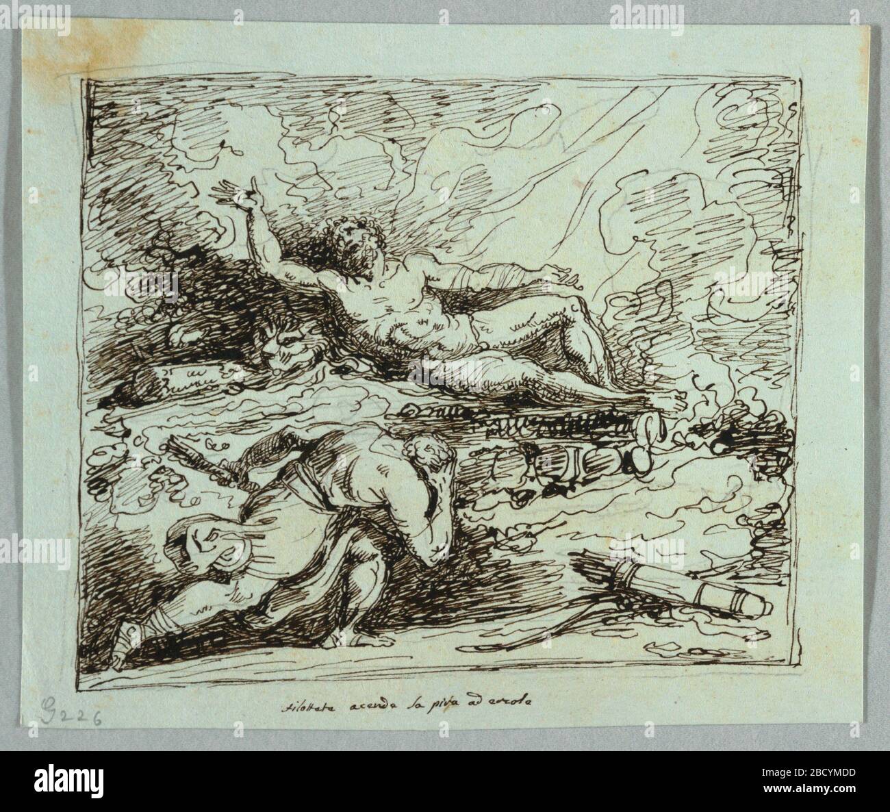 Philactetes applica la torcia di Ercole al Pyre funerale. Ricerca in ProgressPhilactetes mostrato a sinistra in primo piano, arco e fremito si trovano a destra. Ercole ancora vive giace su pile bruciate. Philactetes applica la torcia di Ercole al Pyre funerale Foto Stock