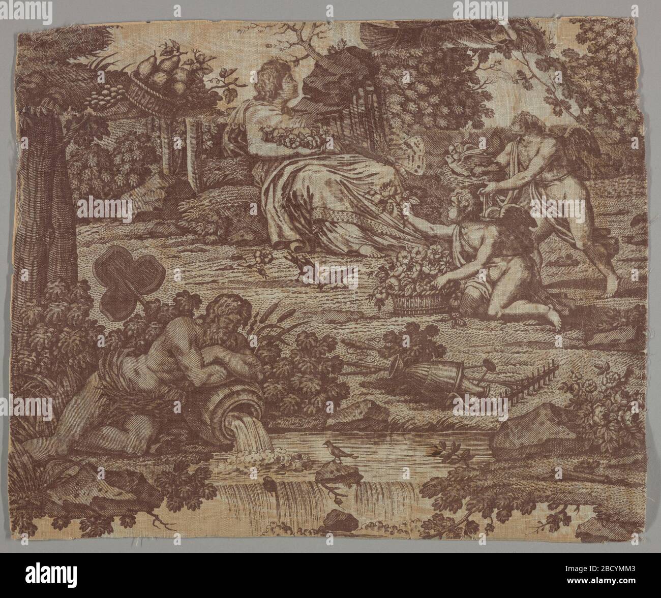 Frammento. La ricerca in ProgressFragment mostra parte della vita degli Olimpiadi.due figure classiche a riposo in un ambiente pastorale. Due angeli offrono fiori e uccelli ad una figura femminile seduta. La figura maschile poggia sul bordo di un laghetto su un'urna con acqua che scorre. Frammento Foto Stock