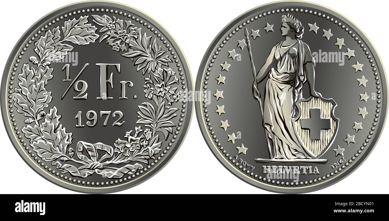 50 centime o metà moneta di franco svizzero, invertire una metà Fr in corona di foglie di quercia e genziana, elvetia obverse e stelle, moneta in Svizzera Illustrazione Vettoriale
