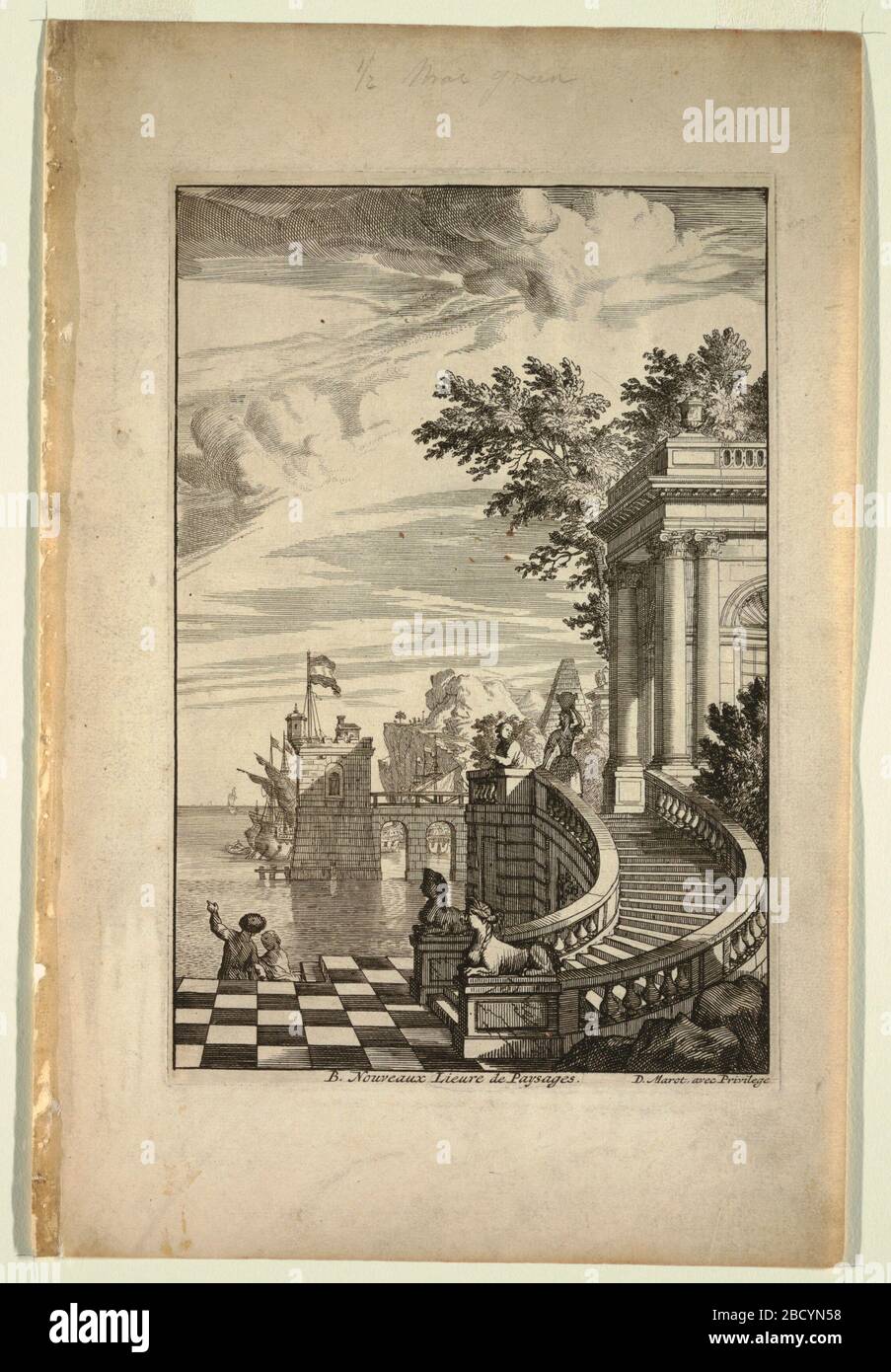 Title Page Nouveaux Livre de Paysages nuovo Libro dei Paesaggi. Ricerca in ProgressOn la destra, scale, con pavimento a scacchi e sfingi, portano alla costruzione. Sulla sinistra, vista sul mare, una nave e porto, un molo. Persone visibili ovunque. Title Page Nouveaux Livre de Paysages nuovo Libro dei Paesaggi Foto Stock