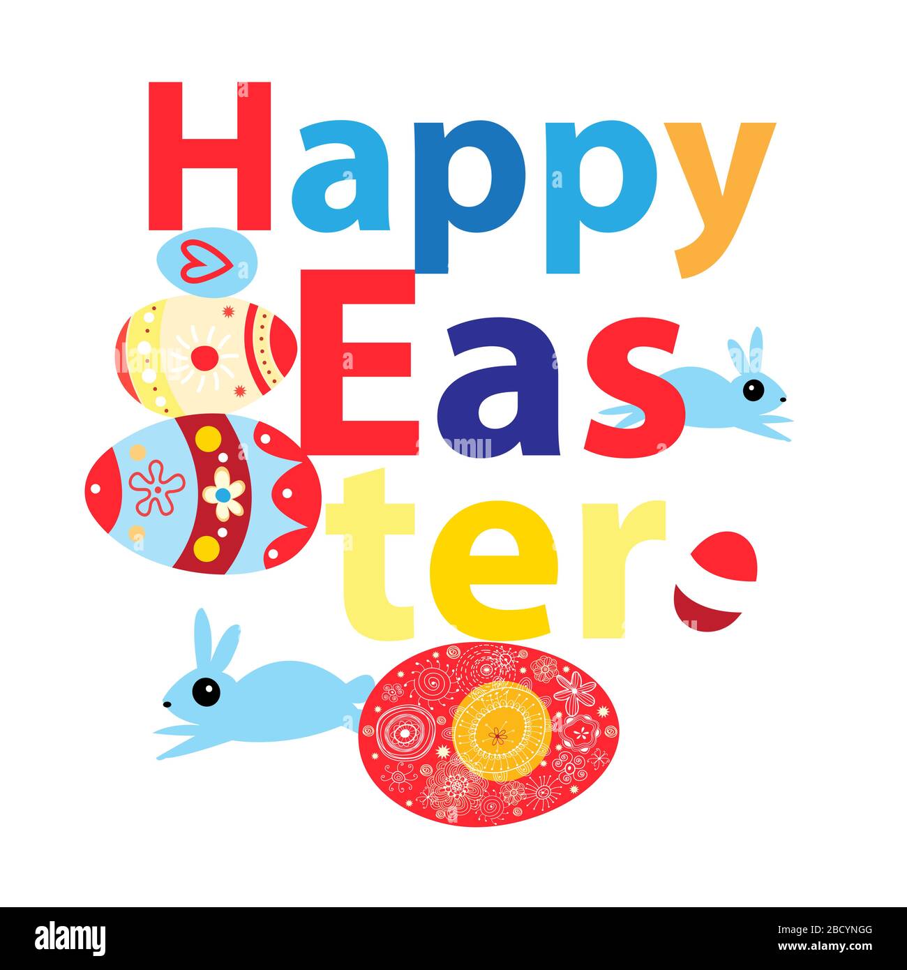 Brillante carta di Pasqua meravigliosa con conigli e uova su sfondo bianco. Esempio di biglietto di auguri Illustrazione Vettoriale