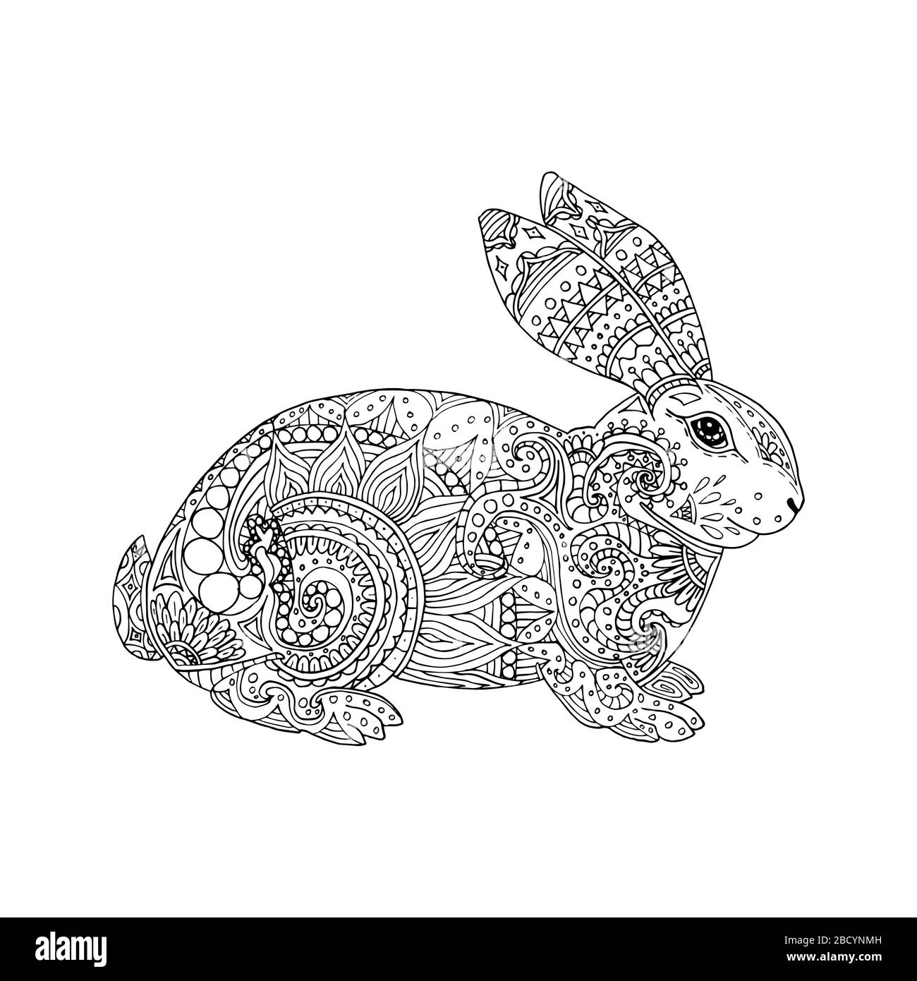 Illustrazione vettoriale del coniglio di disegno a mano. Pagina di colorazione pasquale libro antistress per adulti e bambini Illustrazione Vettoriale