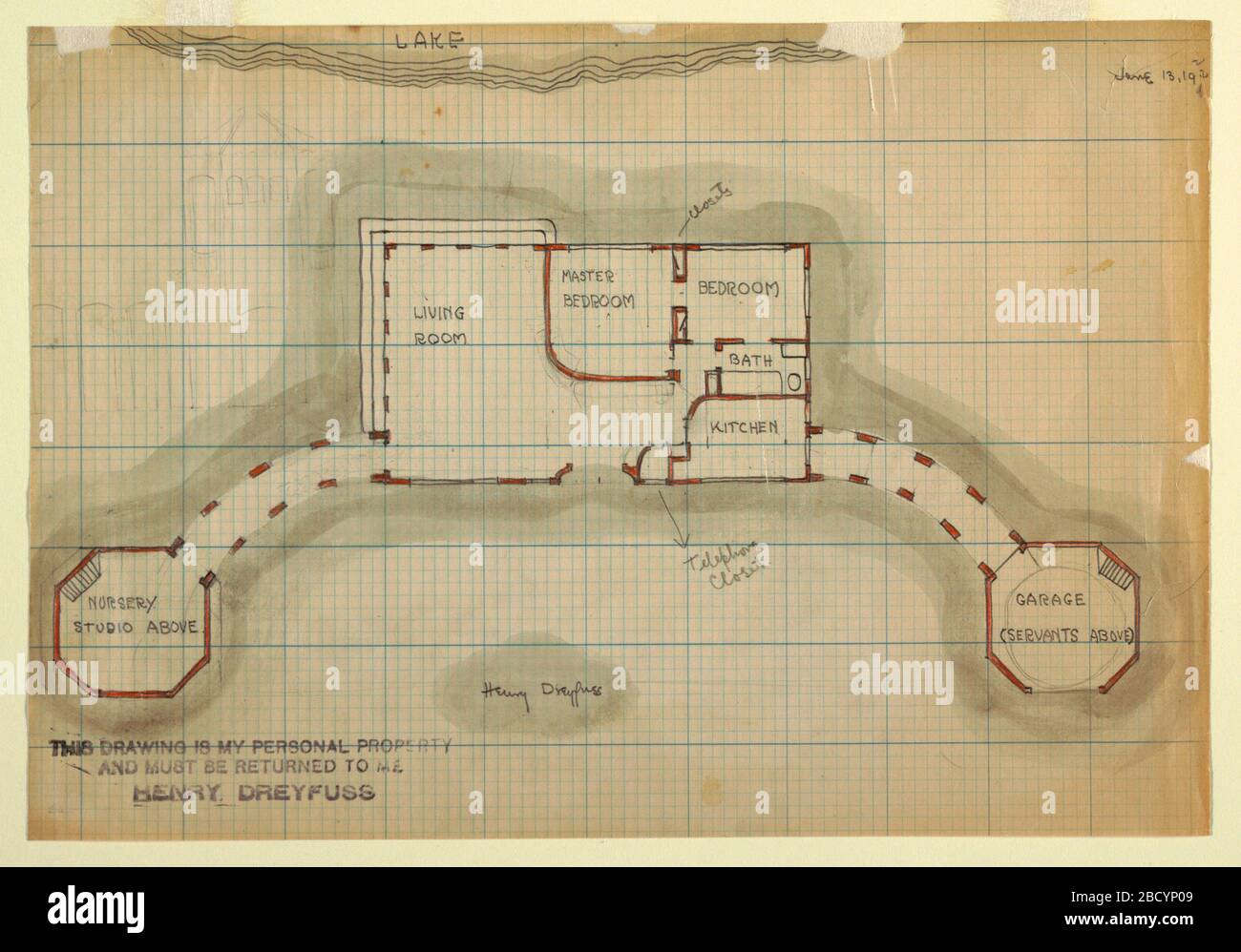 Schizzo della pianta di fronte ad un lago per il set di palco. Ricerca in ProgressPlan di casa con camere identificate; margine superiore lago. Schizzo della pianta di fronte ad un lago per il set di palco Foto Stock