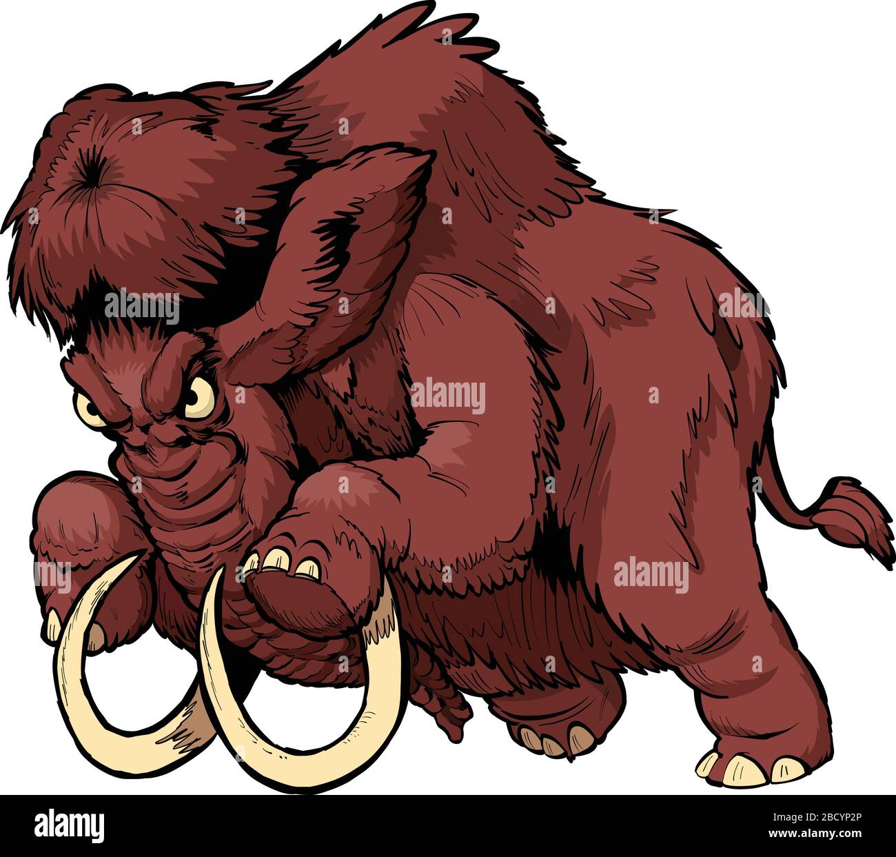 Illustrazione della clip del fumetto vettoriale di una mascotte di mammut lanoso arrabbiato di carica in strati separati. Illustrazione Vettoriale