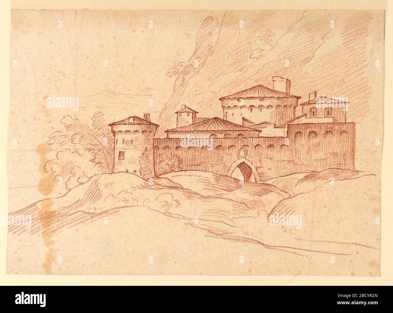 Castello in montagna. Ricerca in ProgressSeveral case tra cui due circolari, sono situati dietro un muro. Una strada conduce al cancello nel muro. Paese montagnoso. Castello in montagna Foto Stock