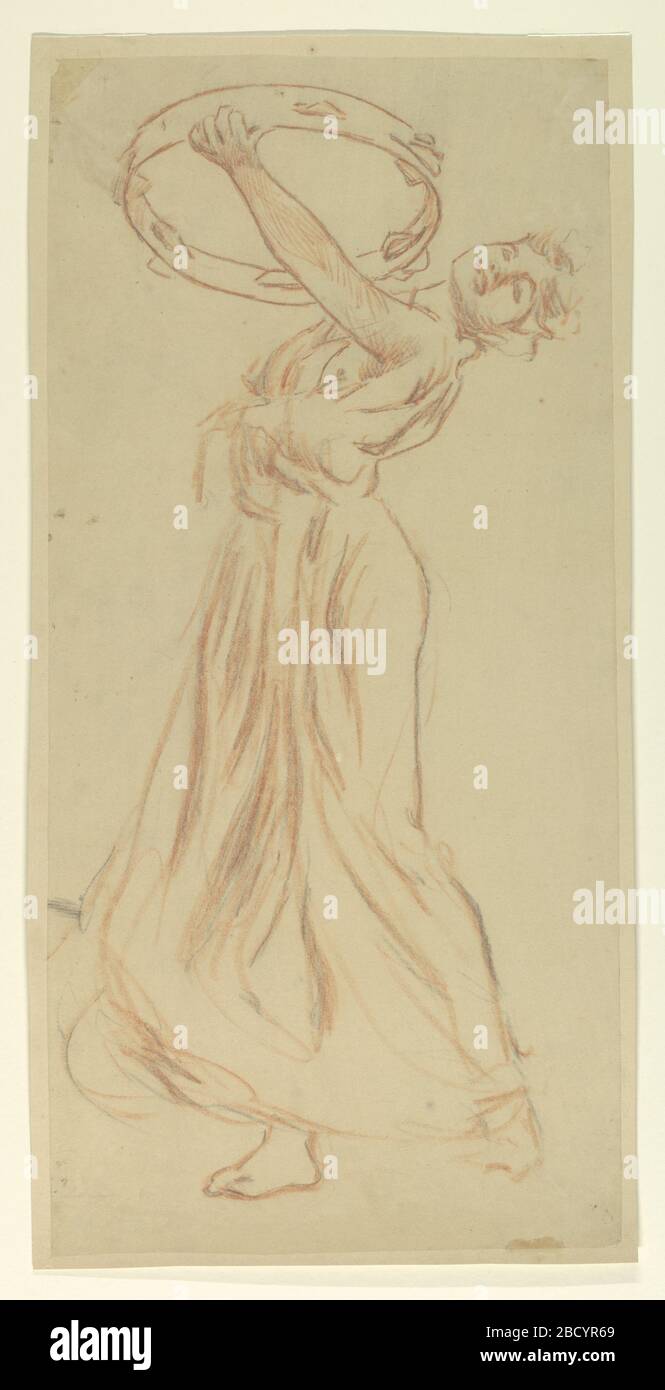 Studio per ragazza con Tambourine Vintage Festival Mendelssohn Glee Club New York. Ricerca in ProgressDraped modello femminile girata a sinistra con le braccia sollevate tenendo un tamburello. Studio per ragazza con Tambourine Vintage Festival Mendelssohn Glee Club New York Foto Stock