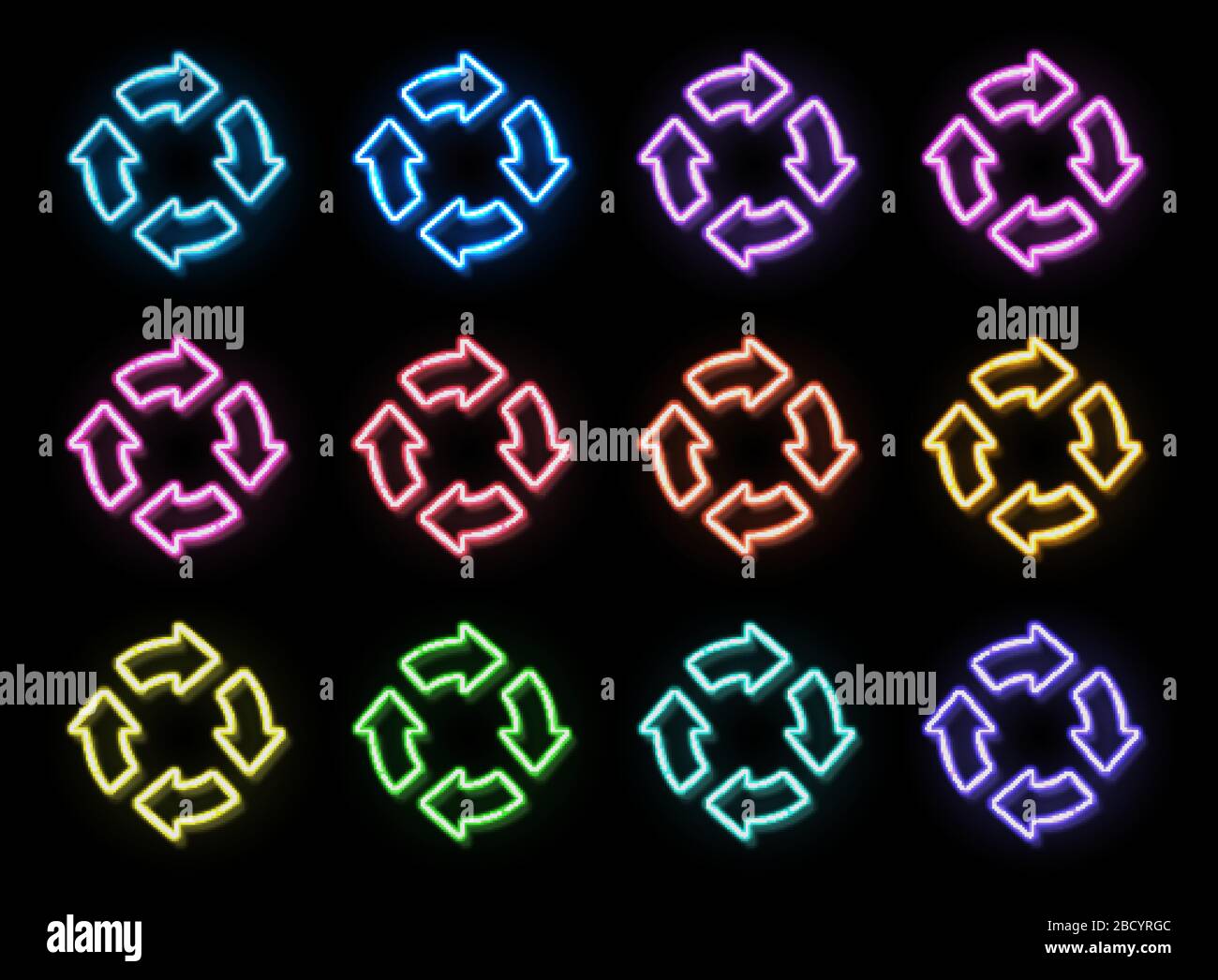 Set di icone a forma di cerchio con freccia. segni al neon 3d su sfondo nero. Simbolo del ciclo di riciclaggio della rotazione di ricarica del refresh luminoso. Tecnologia della lampada elettrica Illustrazione Vettoriale