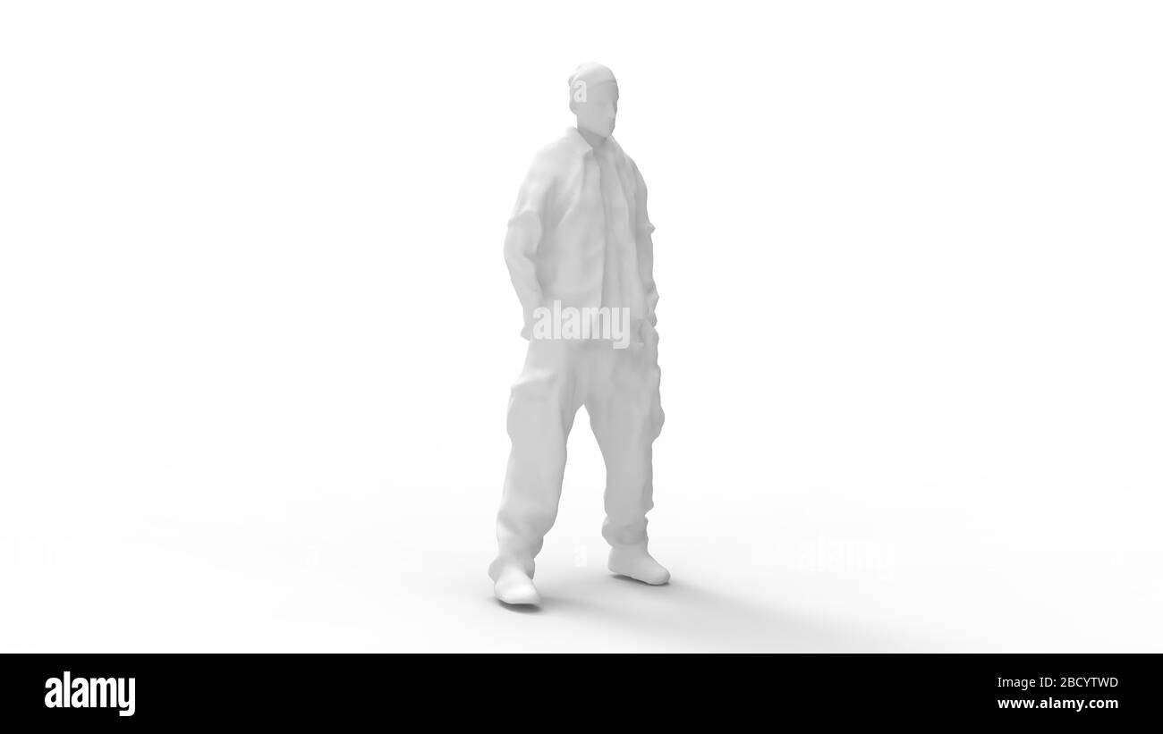 Rendering 3D di un uomo in piedi le mani in un modello di computer di pcofets Foto Stock