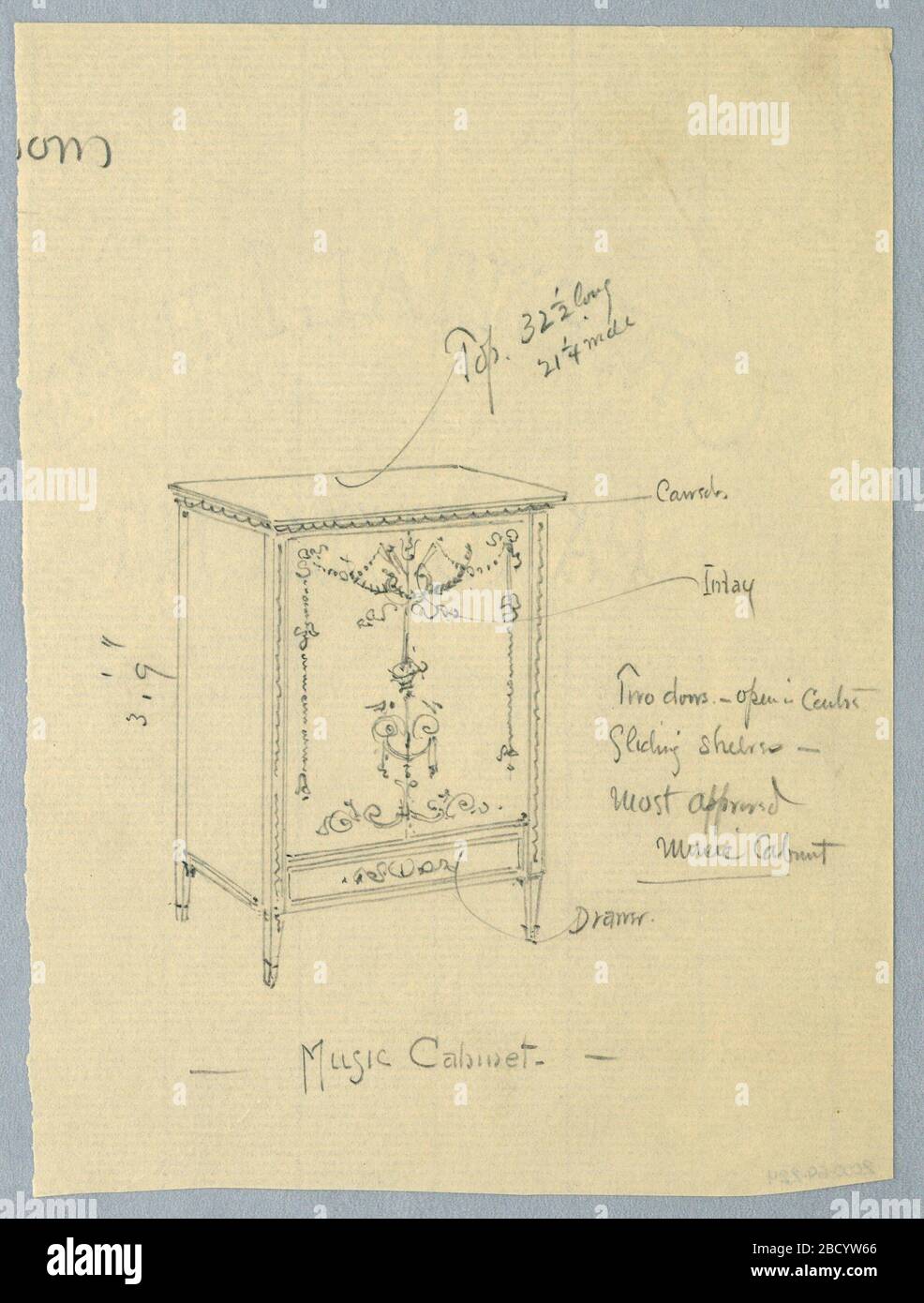 Design per cabinet musicale con ornamento neoclassico. Ricerca in ProgressCesta angolare con pannello frontale e ripiano inferiore intarsiato con ornamento neoclassico; rialzato su 4 gambe corte e rastremate. Design per cabinet musicale con ornamento neoclassico Foto Stock