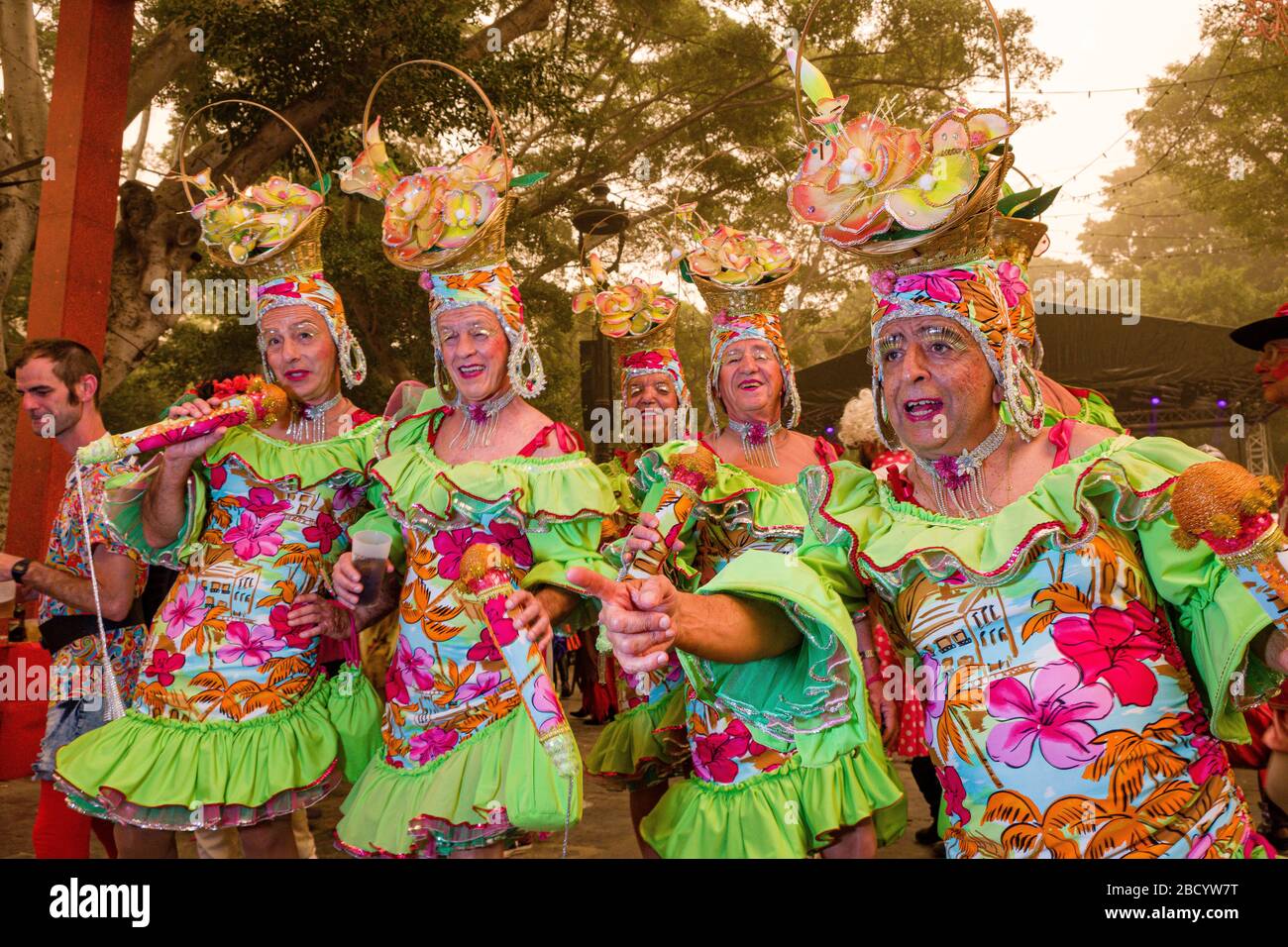 Las Celias de Tenerife, un gruppo di uomini che rendono omaggio alla cantante Celia Cruz, festa per le strade durante il Carnevale di giorno Foto Stock