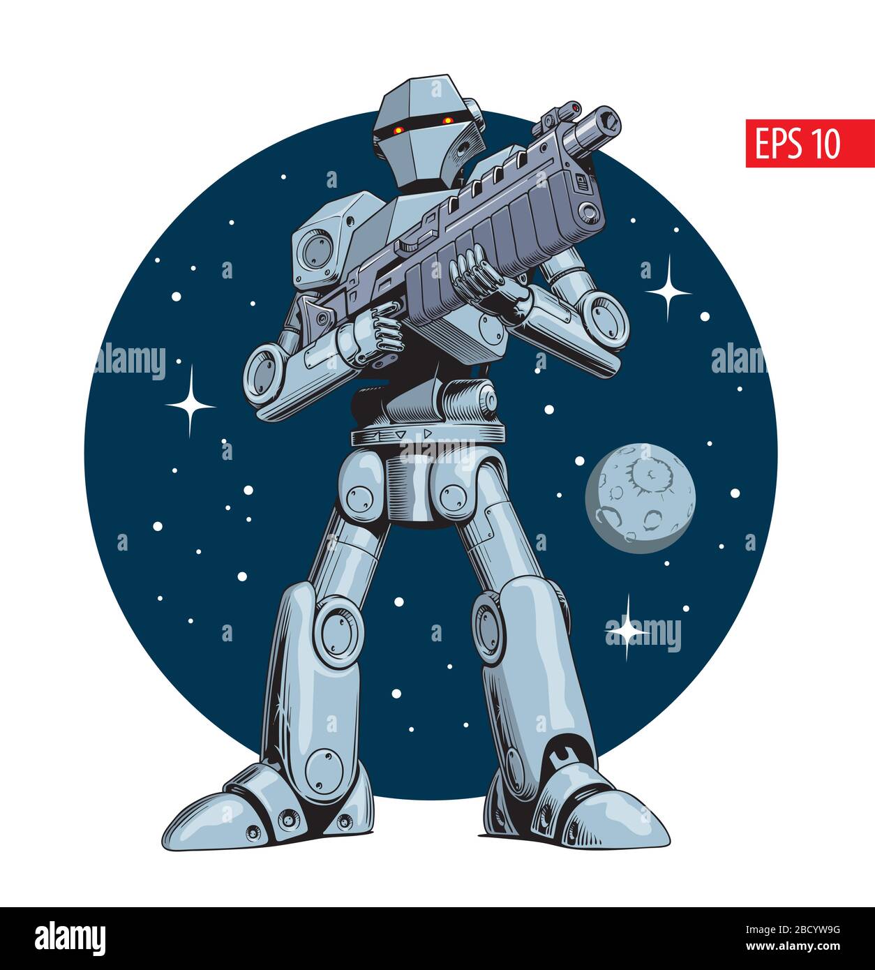 Robot da battaglia con blaster o mitragliatrice, illustrazione vettoriale in stile comico. Illustrazione Vettoriale