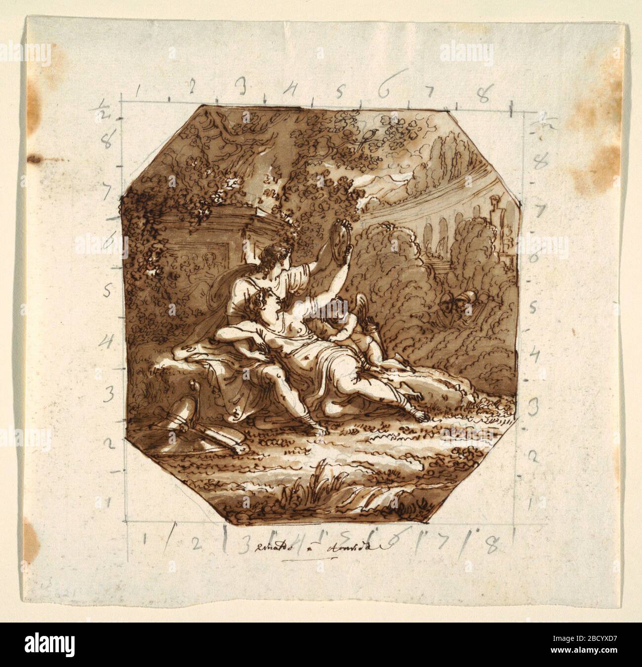 Soffitto con Rinaldo e Armida Palazzo Milzetti Faenza. Ricerca in ProgressIn giardino, Armida si incline in grembo di Rinaldo; entrambi contengono specchio ovale in cui si guardano. Amor si appoggia sulla coscia sinistra di Rinaldo. L'armatura di Rinaldo in basso a sinistra; a destra, due guerrieri spiano attraverso i cespugli. Soffitto con Rinaldo e Armida Palazzo Milzetti Faenza Foto Stock