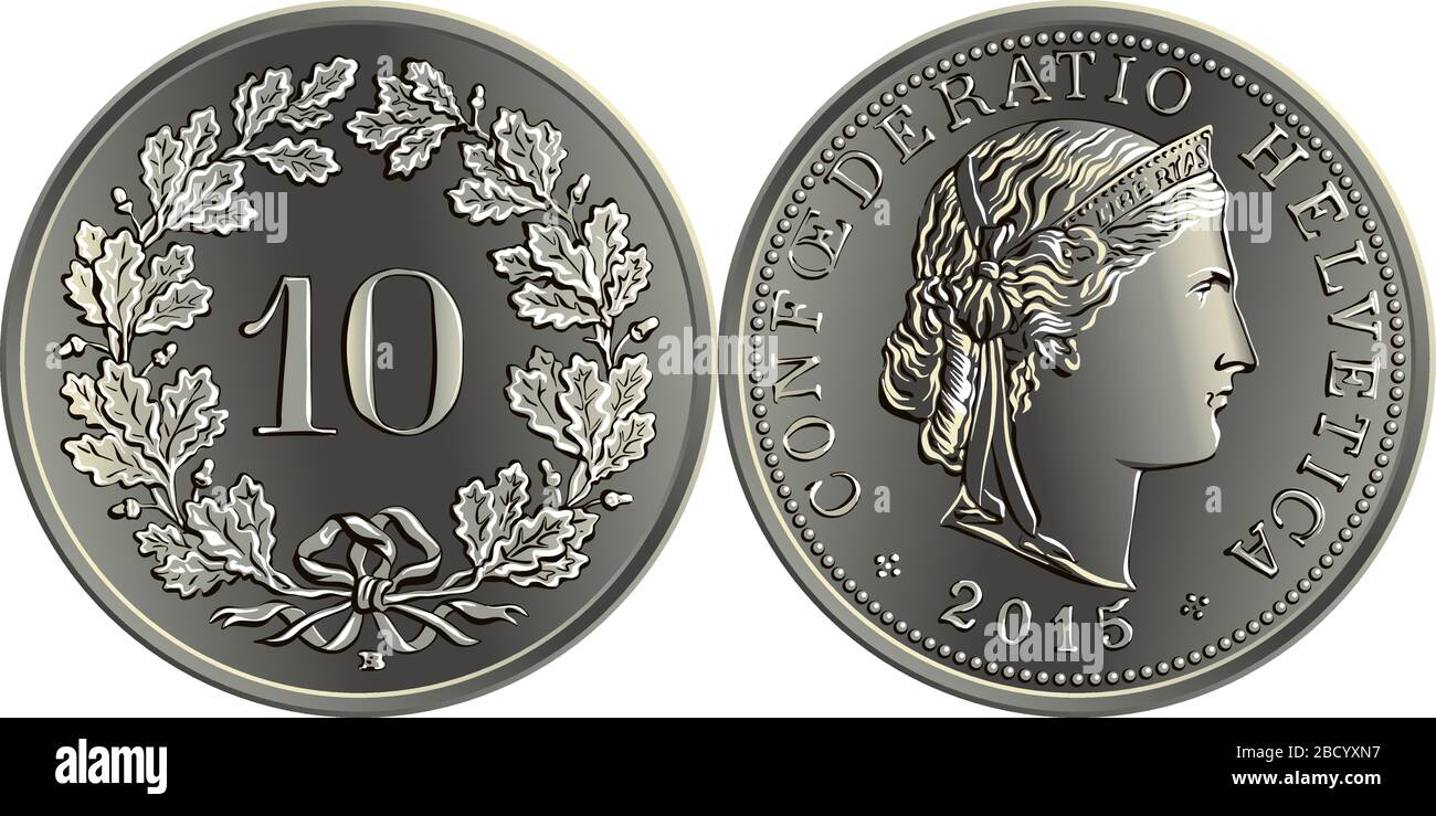 Moneta da 10 centimes in franco svizzero, 10 in corona di foglie di quercia sul retro, testa di libertà su oscversale, moneta ufficiale in Svizzera Illustrazione Vettoriale