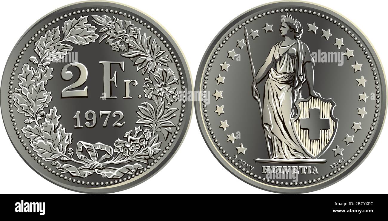 2 moneta in franchi svizzeri, 2 versi in corona di foglie di quercia e genziana, Helvetia obverse raffigurata in piedi e stelle, moneta ufficiale in Svizzera Illustrazione Vettoriale