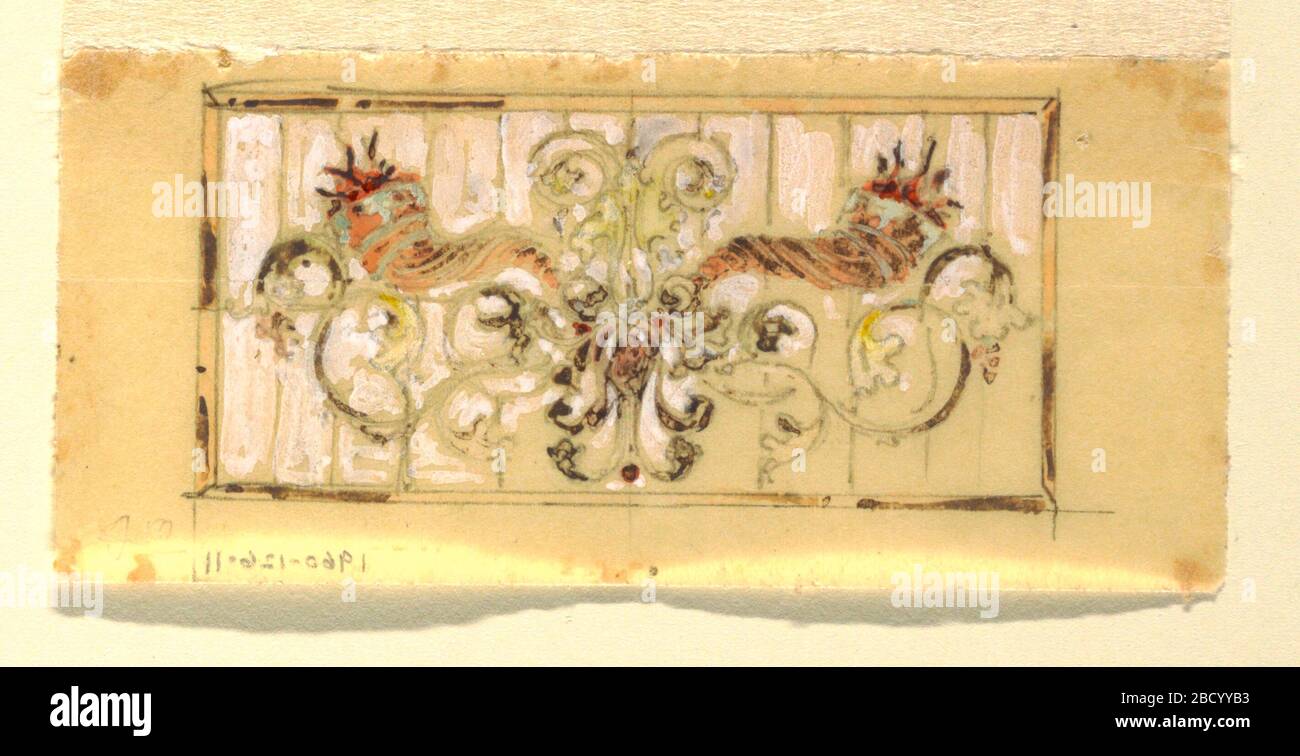 Pannello di vetro colorato. Ricerca in ProgressDesign pannelli verticali con viti arricciate e cornucopia piccola. Pannello di vetro colorato Foto Stock