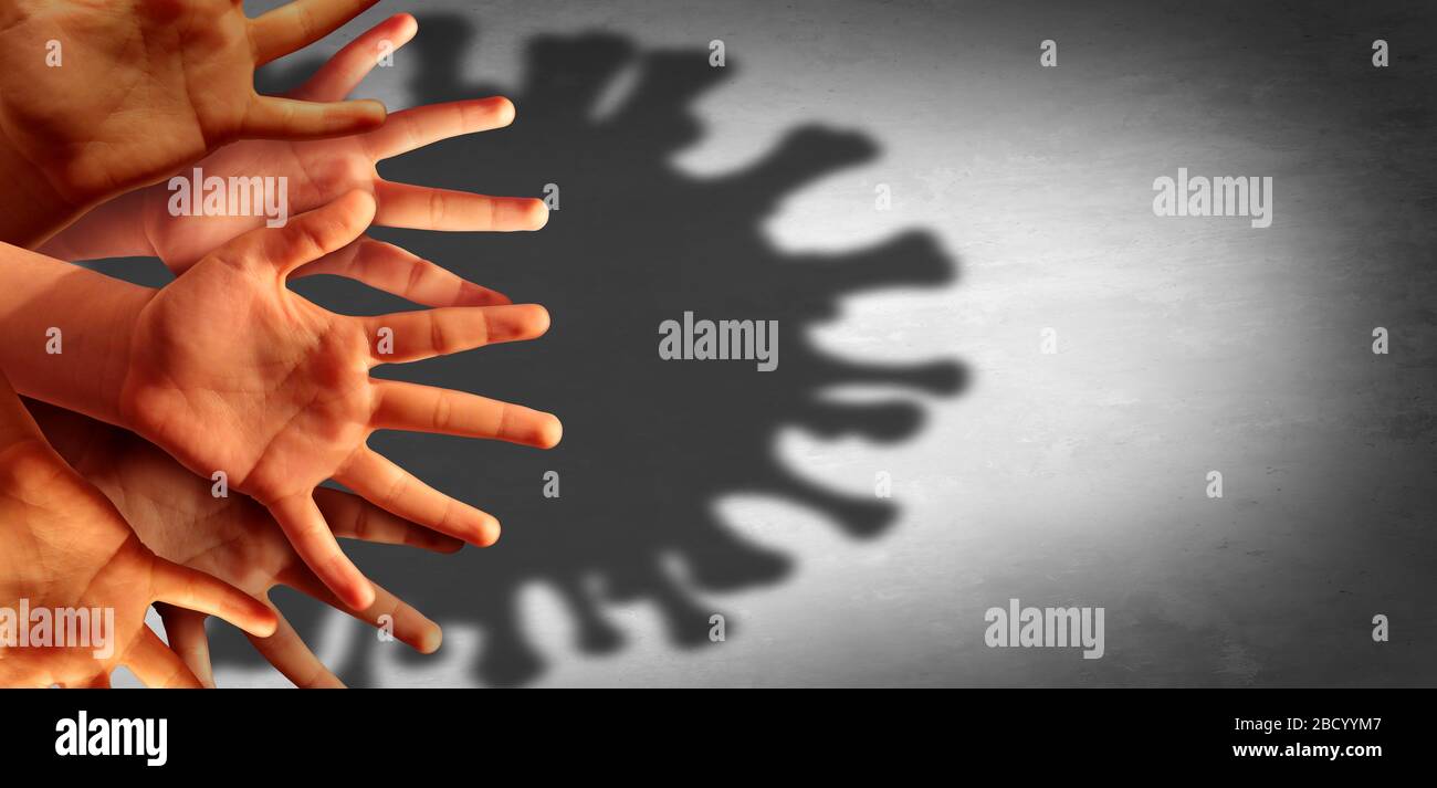 Virus pandemico sociale malattie infettive sfondo come la trasmissione pubblica o comunitaria esposizione di coronavirus o concetto di influenza come infetto. Foto Stock