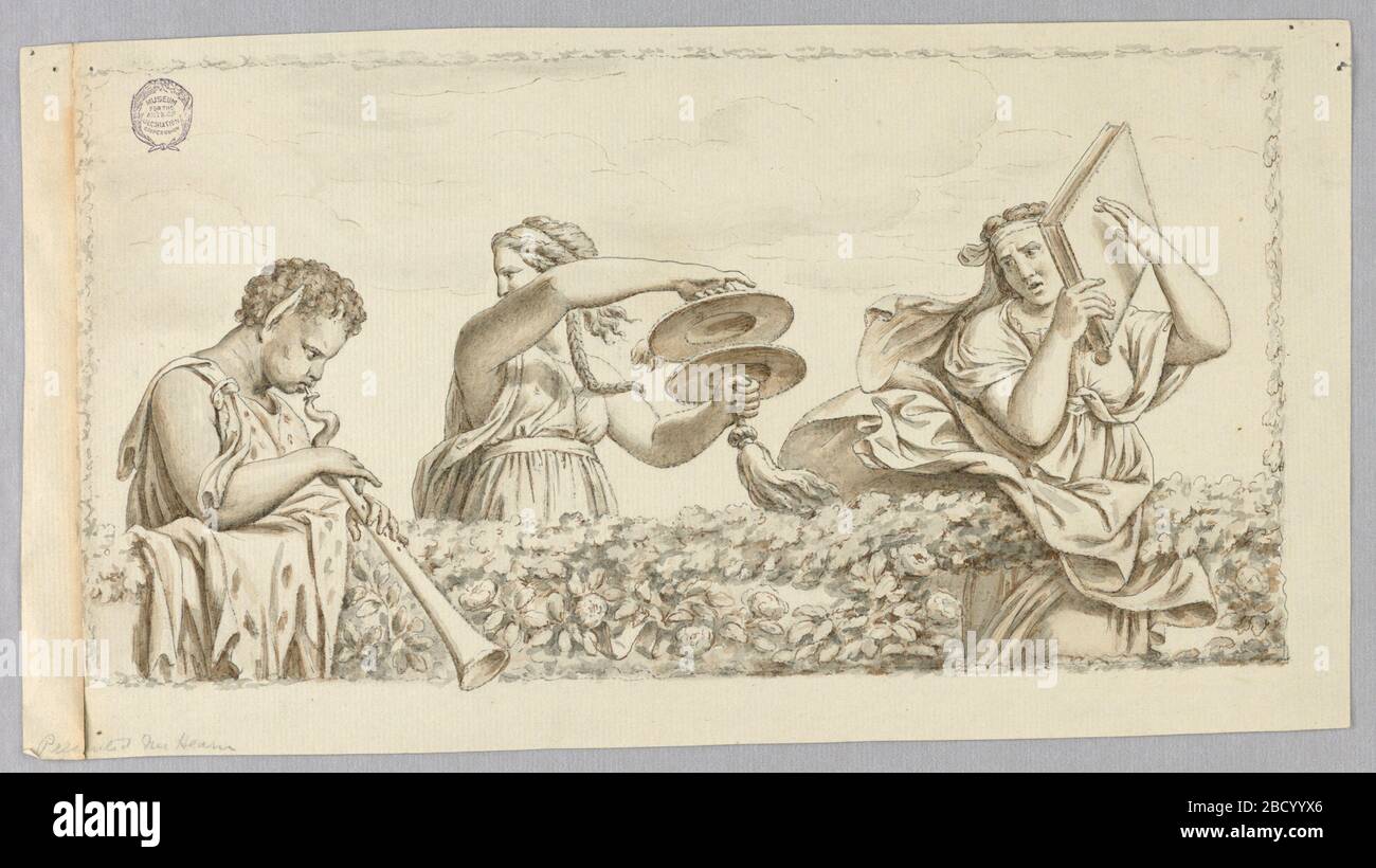 Un ragazzo di Satyr che gioca flauto UNA ragazza con i simboli una donna con un libro. Ricerca in Progressodisegno dopo un affresco realizzato da Giulio Romano nel Palazzo del te di Mantova. Un ragazzo satiro che gioca flauto, una ragazza con i cemboli, una donna con un libro, mostrato da sotto dietro una siepe. Incorniciato da una ghirlanda. Un ragazzo di Satyr che gioca flauto UNA ragazza con i simboli una donna con un libro Foto Stock