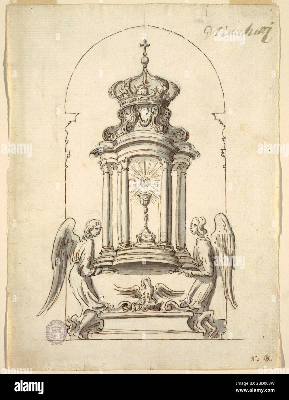 Progettazione di una porta del Tabernacolo da eseguire in bronzo. Ricerca in ProgressTwo angeli stanno sostenendo un padiglione con il calice e l'ospite, il tetto è a forma di corona. Tra le mantelle degli angeli, un calice con un cigno in cima. Sotto a destra L "N. Progettazione di una porta del Tabernacolo da eseguire in bronzo Foto Stock