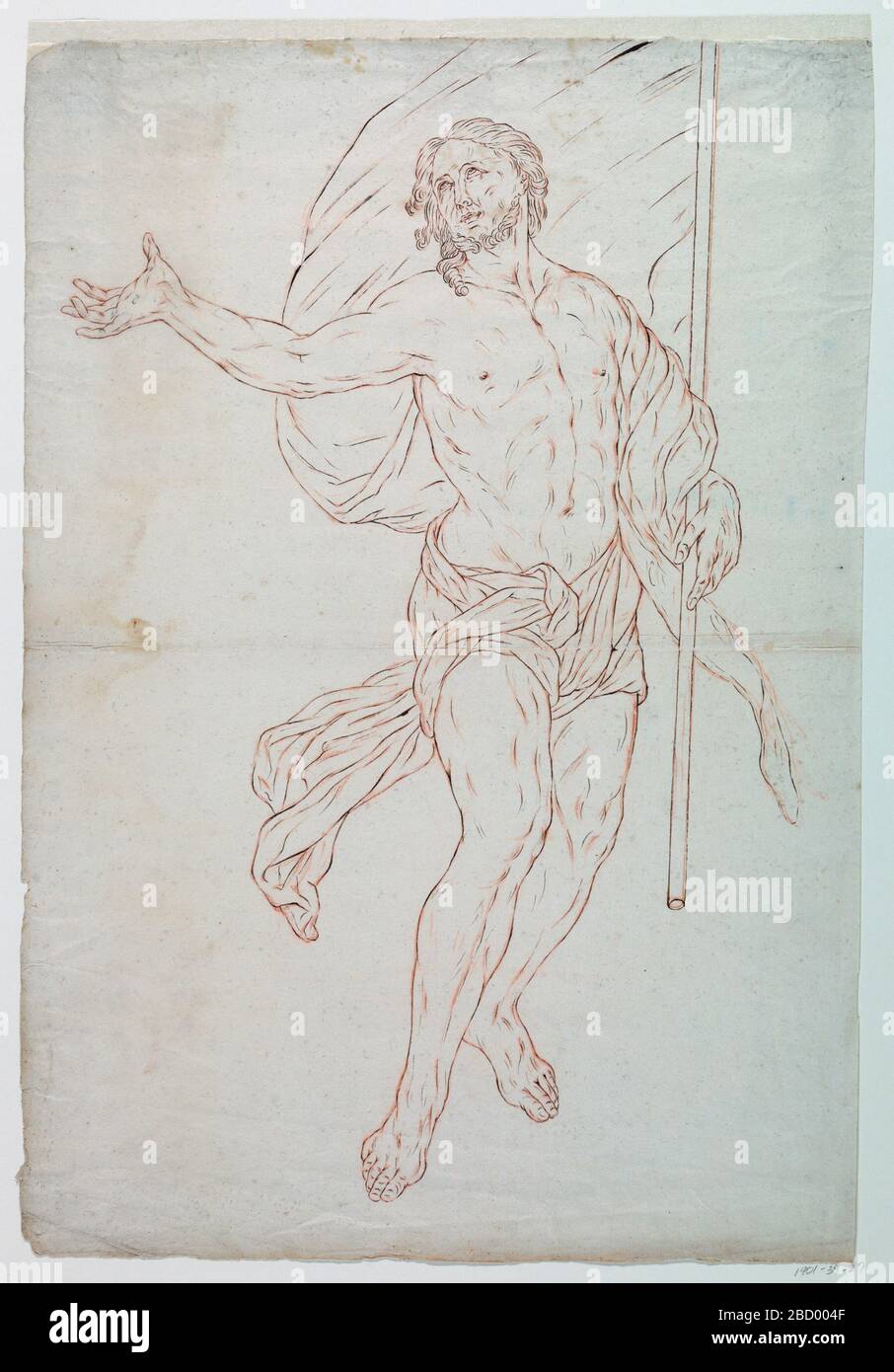 Cristo risorto. Ricerca in ProgressContour disegno di Cristo con una bandiera bianca. Cristo risorto Foto Stock