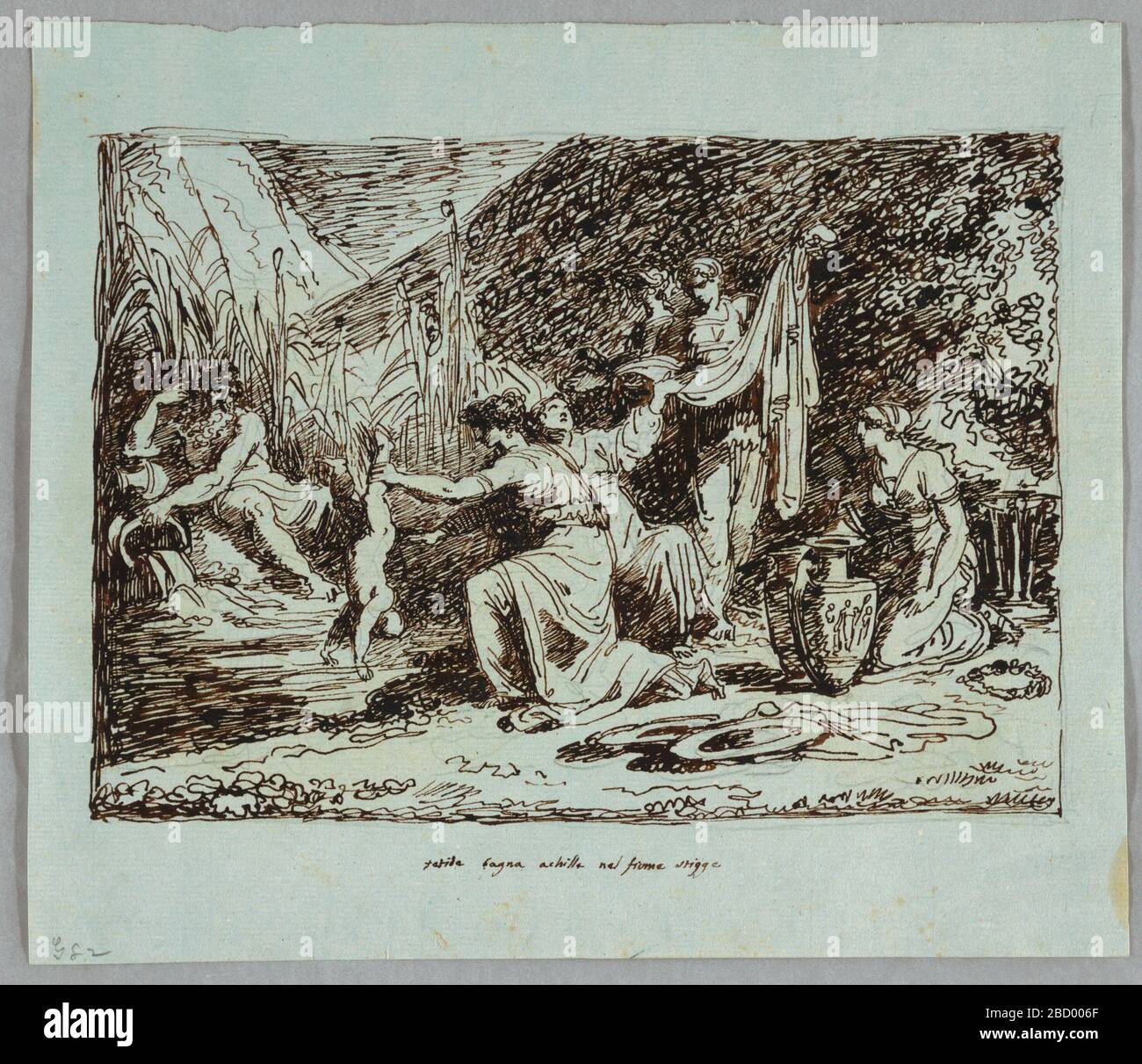 Thetis immerge Achille nel fiume Styx. La ricerca in ProgressWater scorre dal vaso di dio nella valle stretta. Thetis tiene in ginocchio Achille per la gamba destra. È accompagnata da quattro ragazze, due delle quali trattengono l'asciugamano. Thetis immerge Achille nel fiume Styx Foto Stock