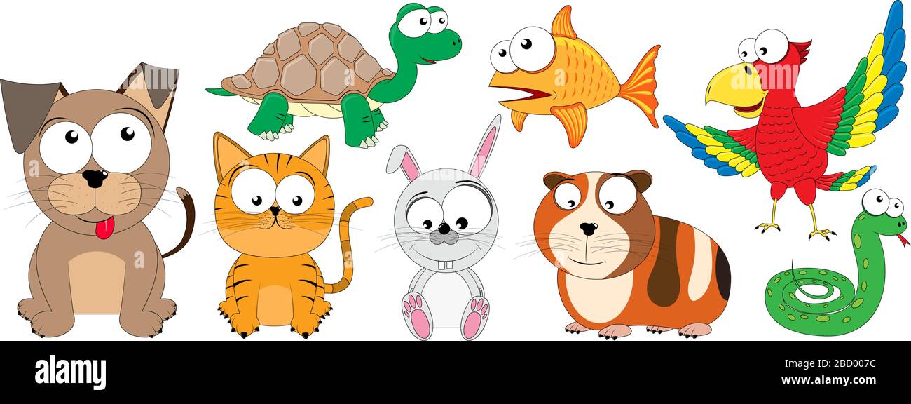 Animali domestici - raccolta di divertenti clip-art vettoriali (cane, gatto, tartaruga, pesce d'oro, coniglio, cavia, serpente, pappagallo) Illustrazione Vettoriale
