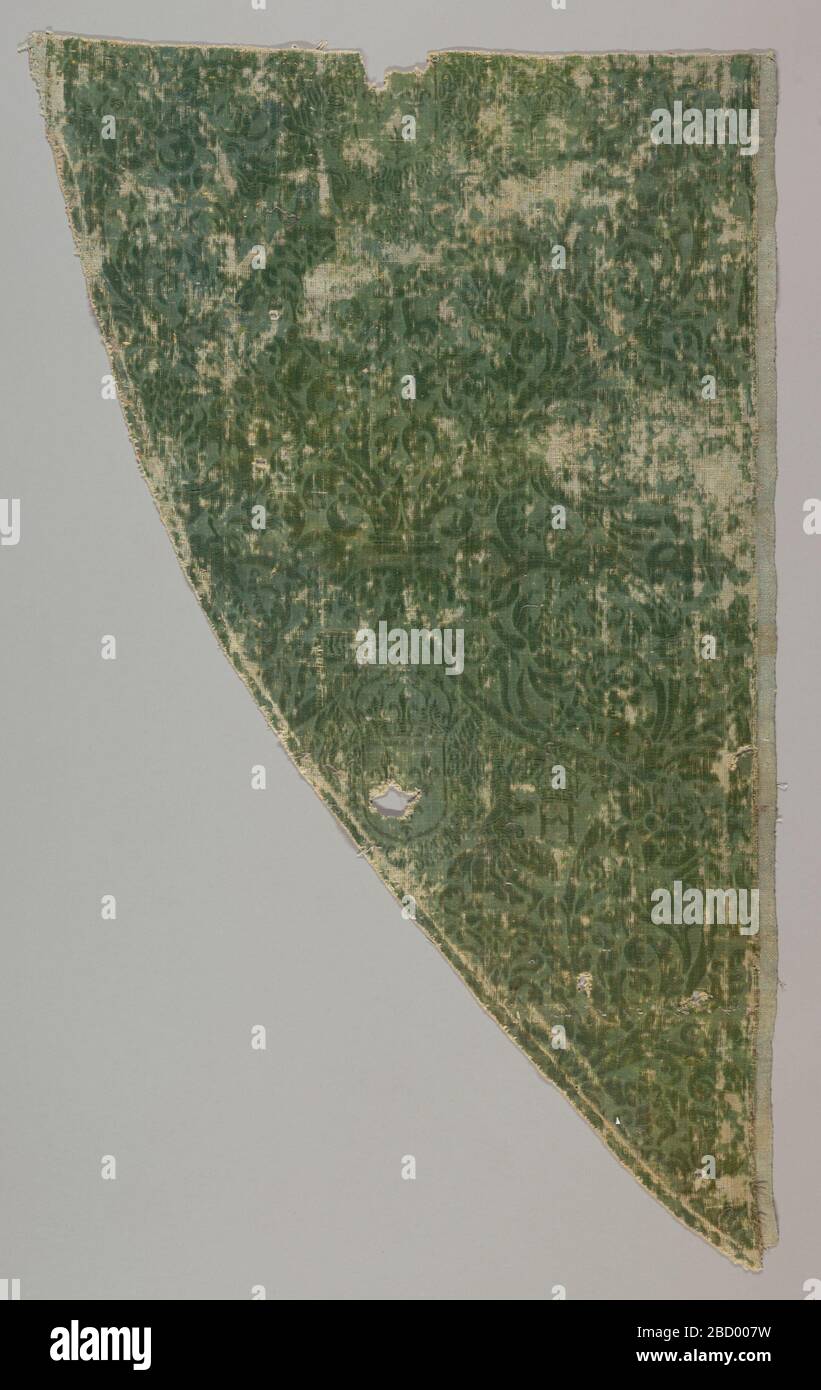 Frammento. Ricerca in tessuto ProgressBlue/verde stampato (goffrato) con un motivo che indica la regalità francese. Frammento Foto Stock