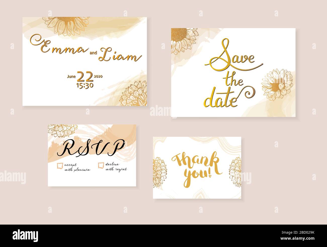 Set di inviti Vector Wedding con le carte Save the Date, RSVP e Thank You, adatto per bollitura a caldo, con letteting, disegni floreali eleganti Illustrazione Vettoriale