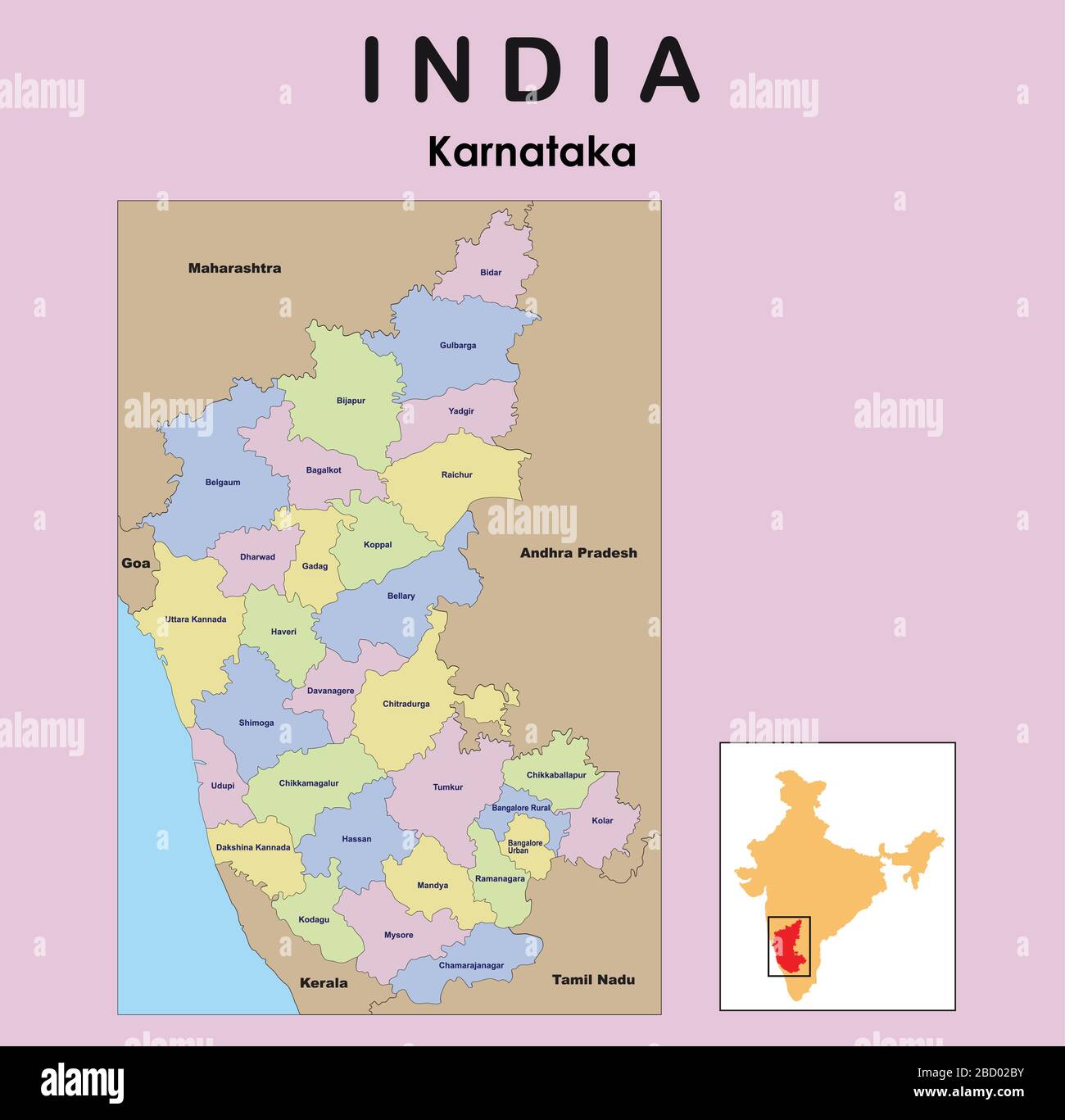 Mappa di Karnataka. Illustrazione vettoriale della mappa del distretto di Karnataka con bordo a colori. Illustrazione Vettoriale