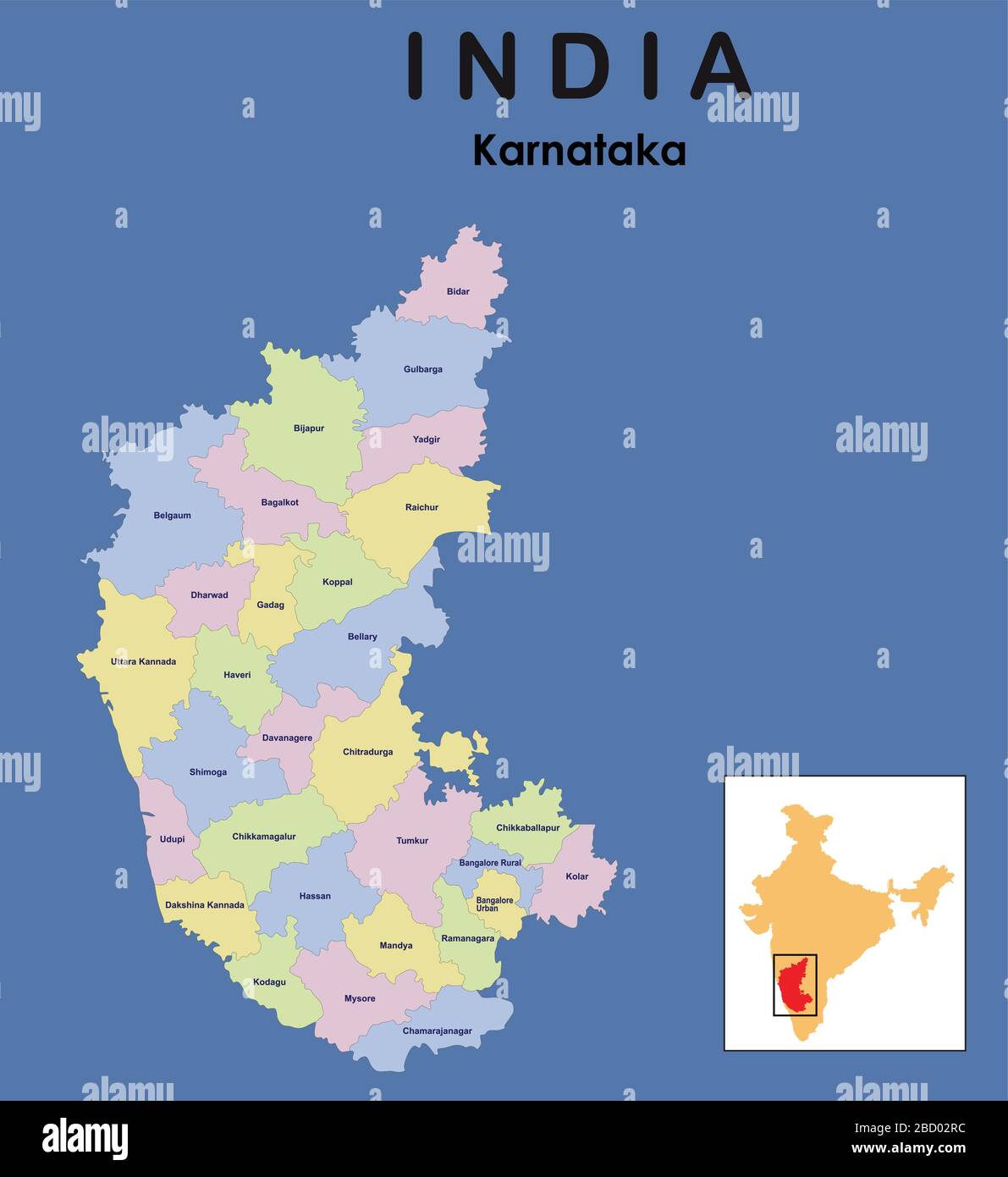 Mappa completa di Karnataka. Illustrazione vettoriale della mappa variopinta del distretto di karnataka Illustrazione Vettoriale